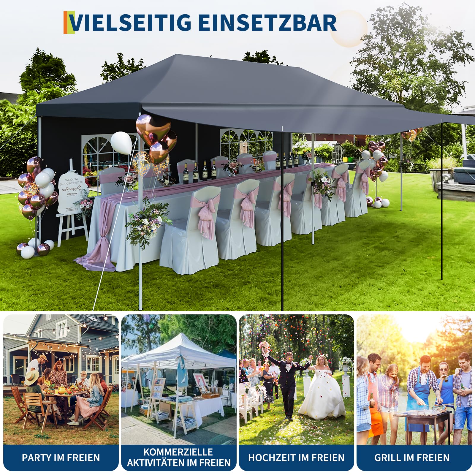 Gazebo 3x6M pieghevole Garvee Heavy Duty tenda a baldacchino con 6 pannelli laterali rimovibili per feste commerciali, altezza regolabile, grigio