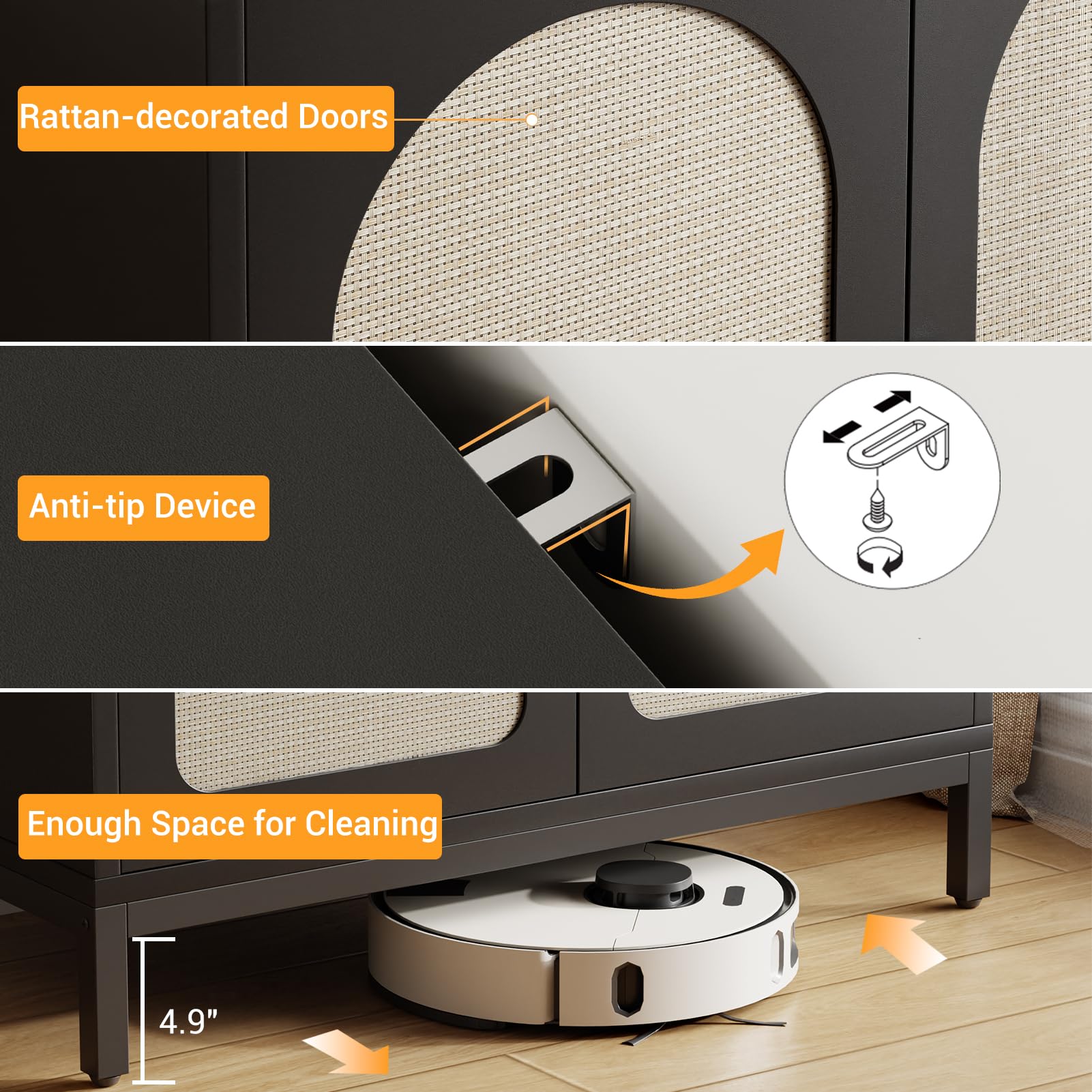 Credenza in rattan Garvee con ante in rattan, ripiani regolabili, truciolato, piedini in metallo per sala da pranzo e corridoio, colori naturali