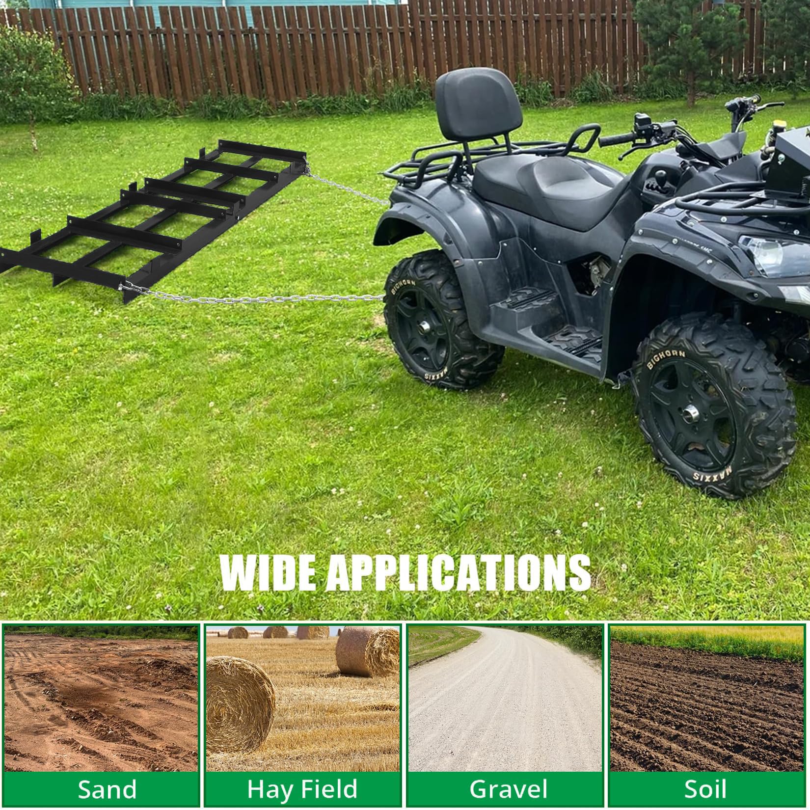 Imbracatura per erpice trainato Garvee da 4 piedi con barre regolabili, catena da 72 pollici, acciaio, resistente, per giardinaggio, compatibile con ATV, verde