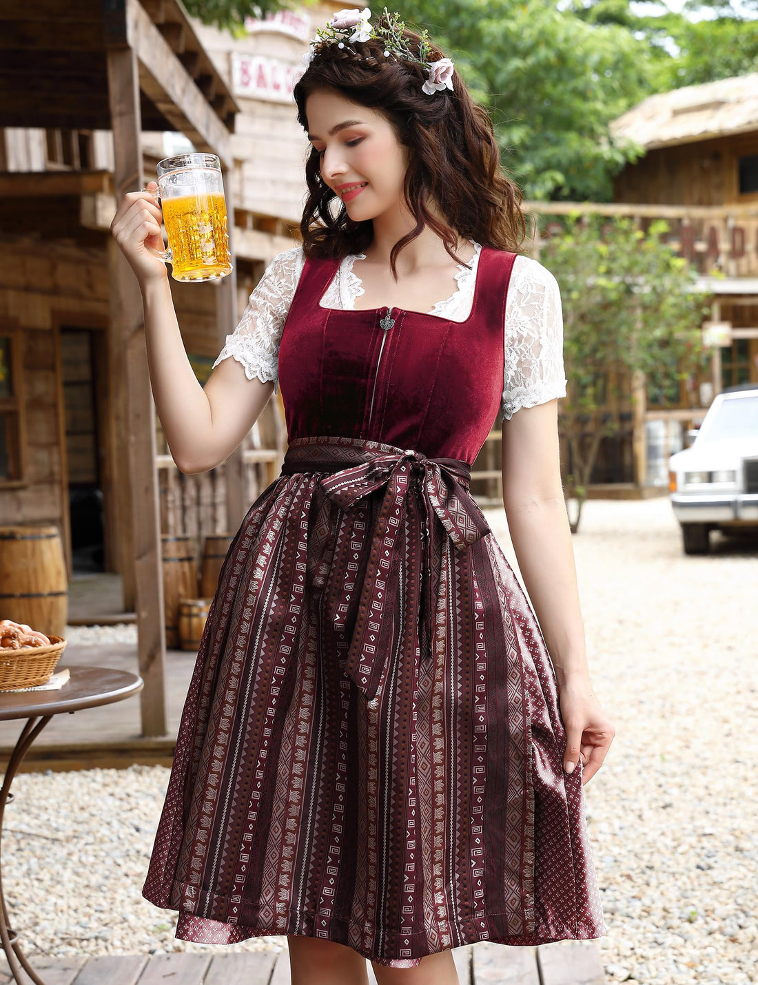 Garvee Velvet Dirndl Set 3 pezzi per donna Oktoberfest Abito tradizionale Gonna midi Nero Taglia 38