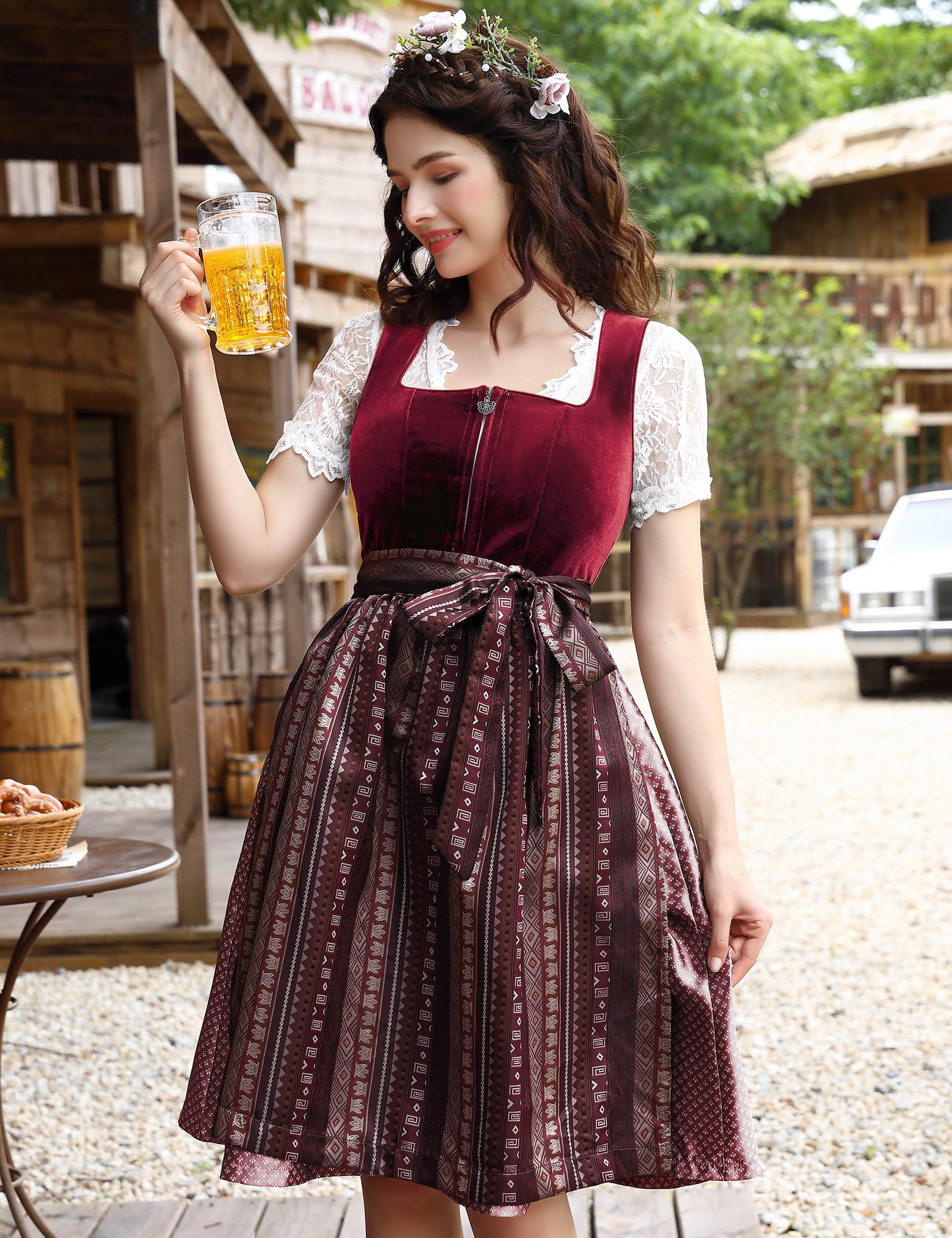 Garvee Velvet Dirndl Set 3 pezzi per donna Oktoberfest Abito tradizionale Gonna midi Nero Taglia 38