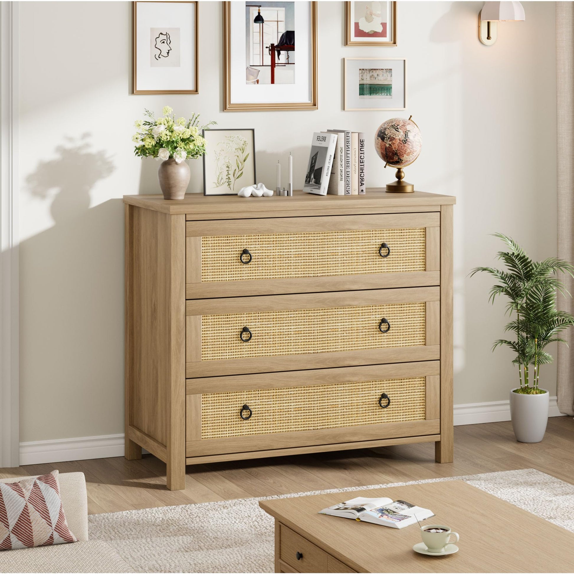 Cassettiera in rattan Garvee da 29" in legno per camera da letto, 3 cassetti, robusta, molto spaziosa, soggiorno, cameretta dei bambini