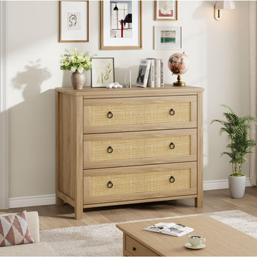 Cassettiera in rattan Garvee da 29" in legno per camera da letto, 3 cassetti, robusta, molto spaziosa, soggiorno, cameretta dei bambini