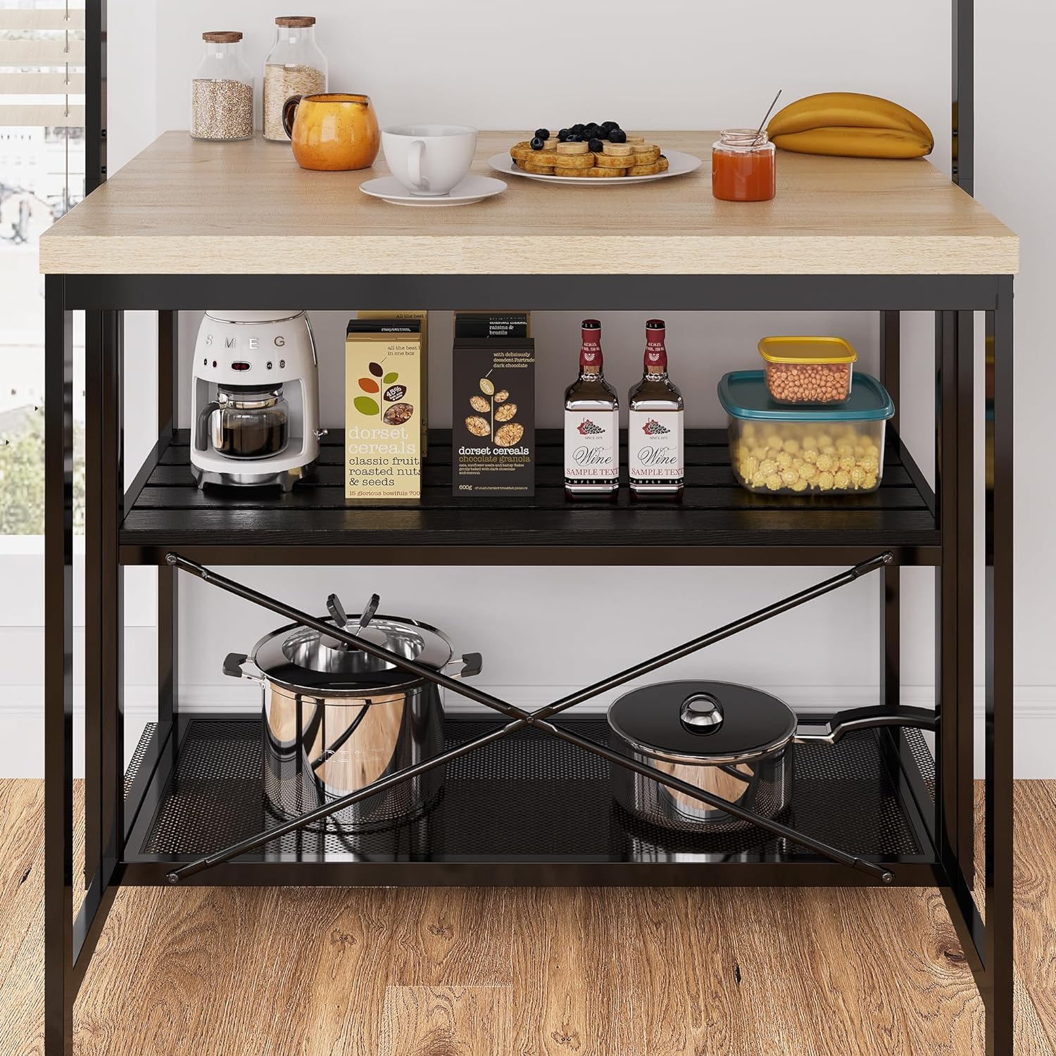 Scaffale da cucina Garvee Kitchen Island con 3 ripiani, 5 ganci, legno massello e metallo, supporto per microonde, 43,7x27,9x72 cm, sala da pranzo e soggiorno