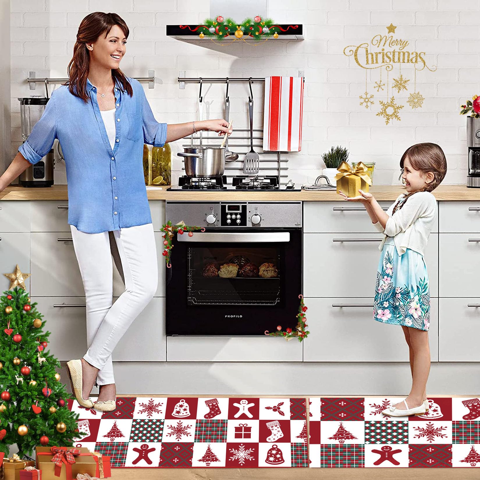 Tappetino da cucina natalizio Garvee, set da 2 pezzi, antiscivolo e lavabile per cucina e corridoio, 40x60+40x120 cm, multicolore