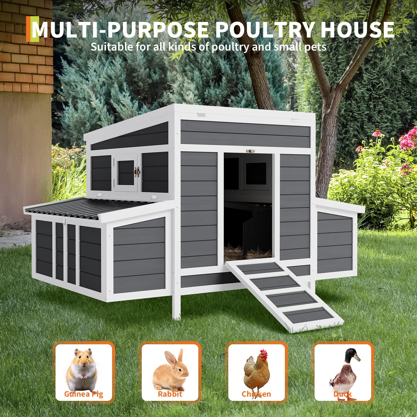 Pollaio in legno Garvee per 4-6 galline con tetto resistente alle intemperie, 2 nidi, connettori in metallo, giardino, 54x34x34 pollici, legno naturale