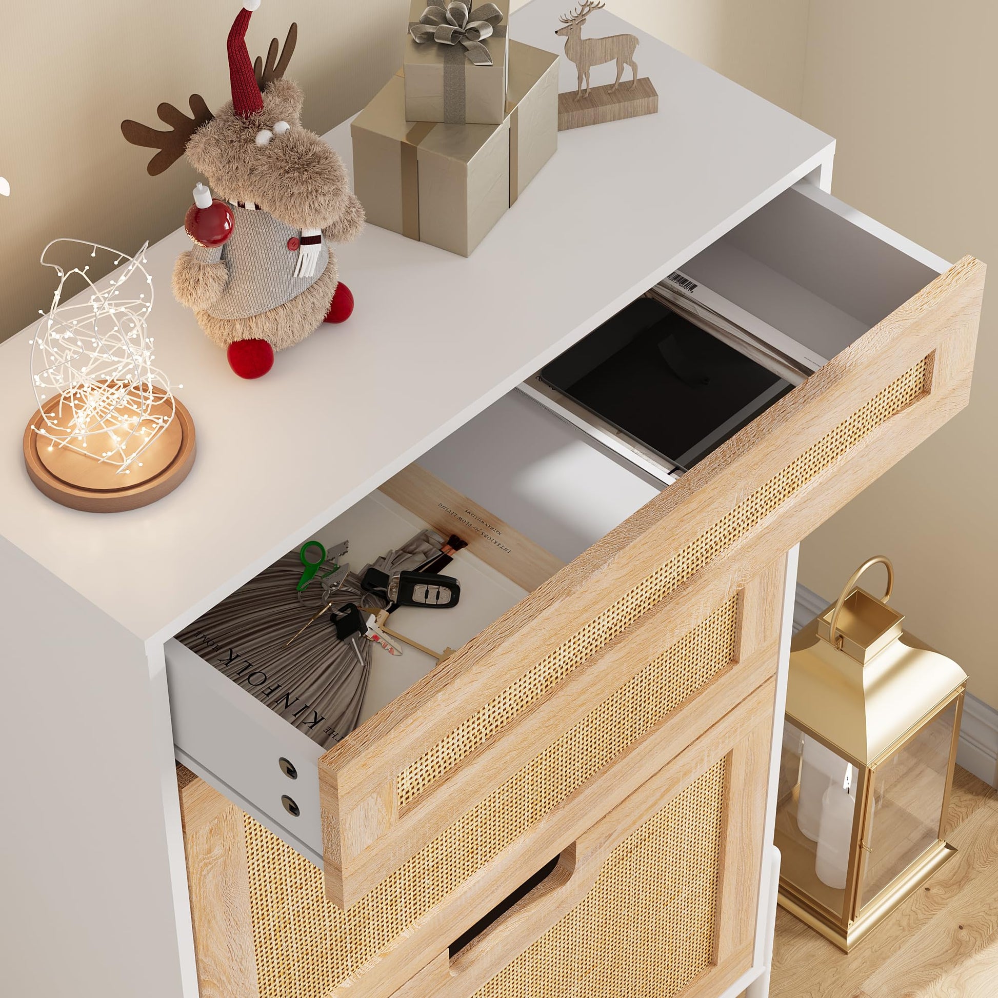 Scarpiera in rattan naturale Garvee con 2 ante a ribalta, cassetto, ripiani regolabili, bianco e rovere per corridoio e ingresso