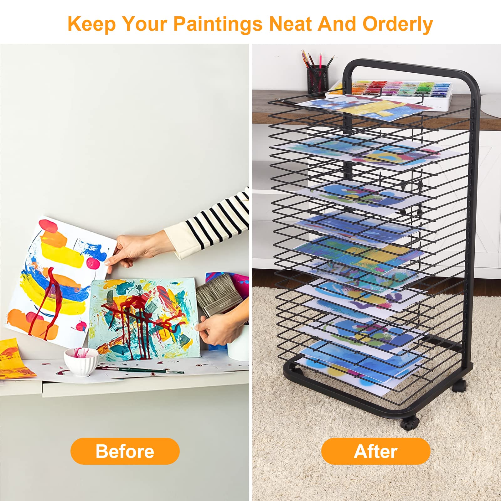 Asciugatrice per opere d'arte Garvee da 25 cubi in metallo con ruote per studi d'arte e aule, 30,5 cm di profondità x 43,2 cm di larghezza x 99,1 cm di altezza, mobile in acciaio