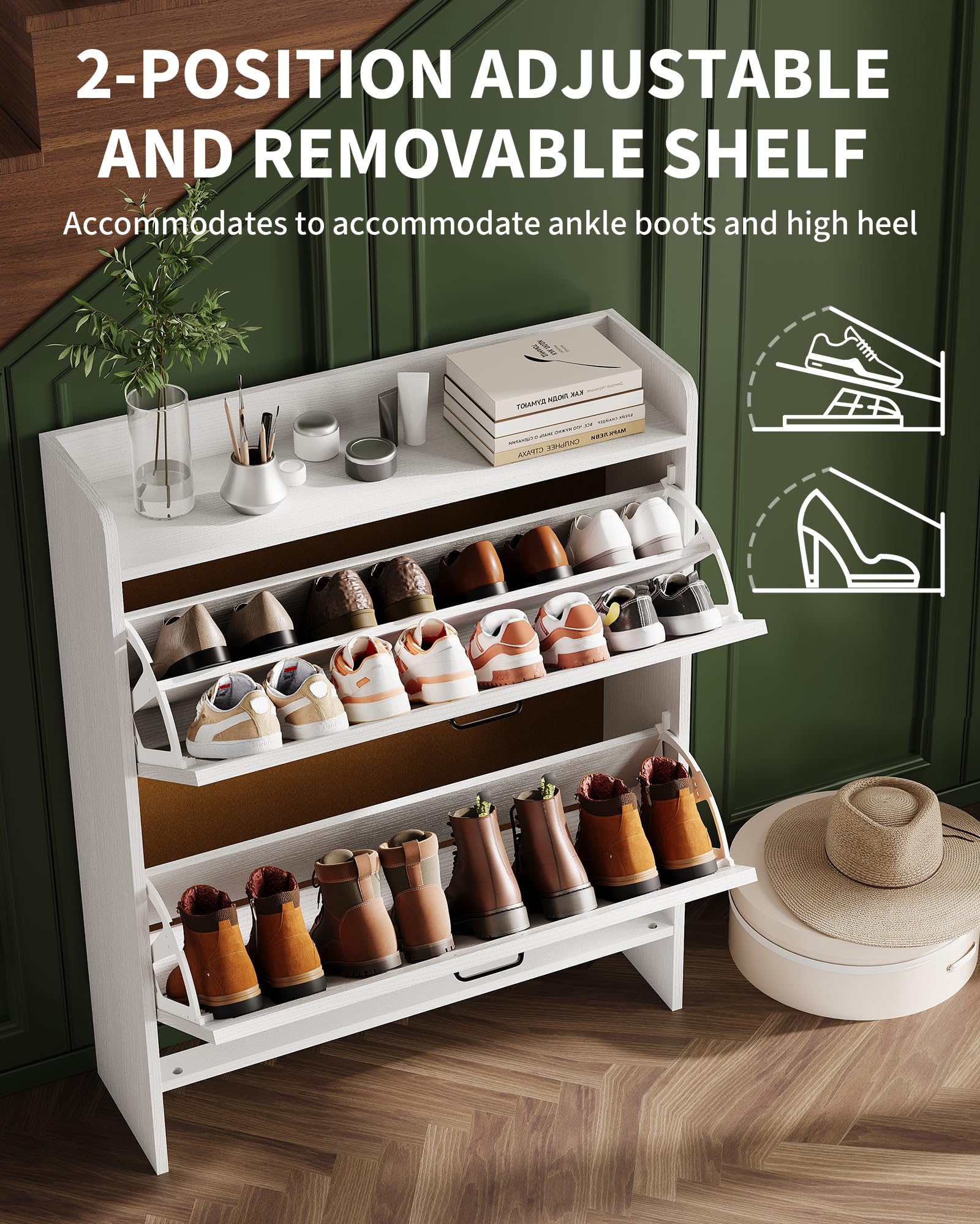 Garvee Scarpiera con 2 cassetti pieghevoli, scarpiera rustica per corridoio e ingresso, bianca, salvaspazio