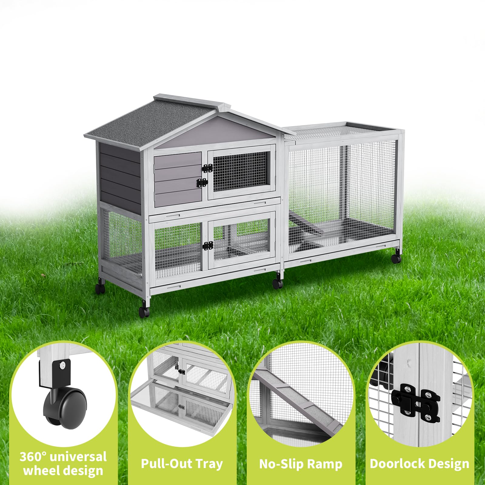 Conigliera Garvee con tetto in asfalto, ruote e cassetto per uso interno ed esterno, resistente alle intemperie, metallo-legno, mobile