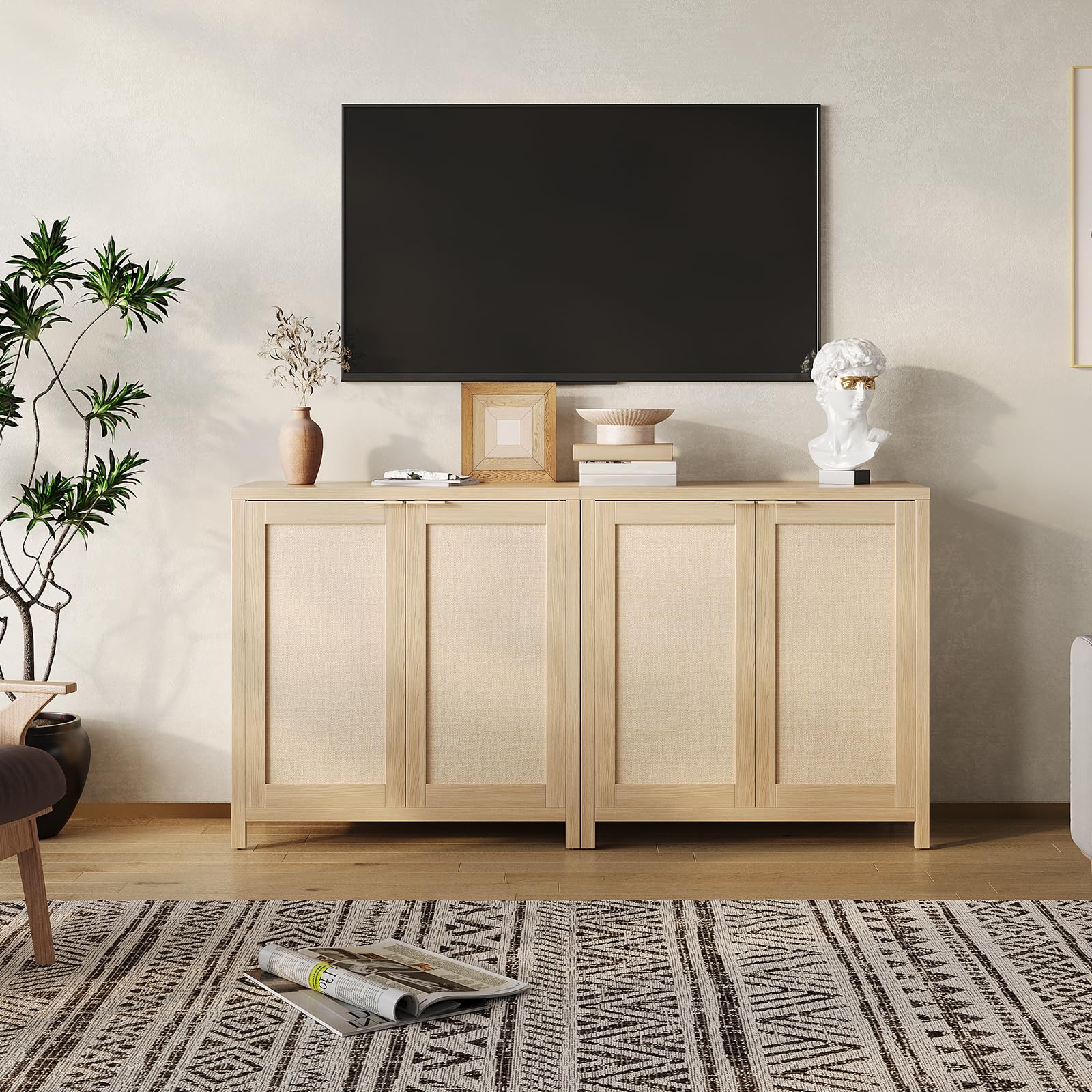 Credenza da cucina Garvee Farmhouse con ante in rattan, ripiani regolabili, legno, ampio spazio di archiviazione, corridoio e sala da pranzo, colori naturali