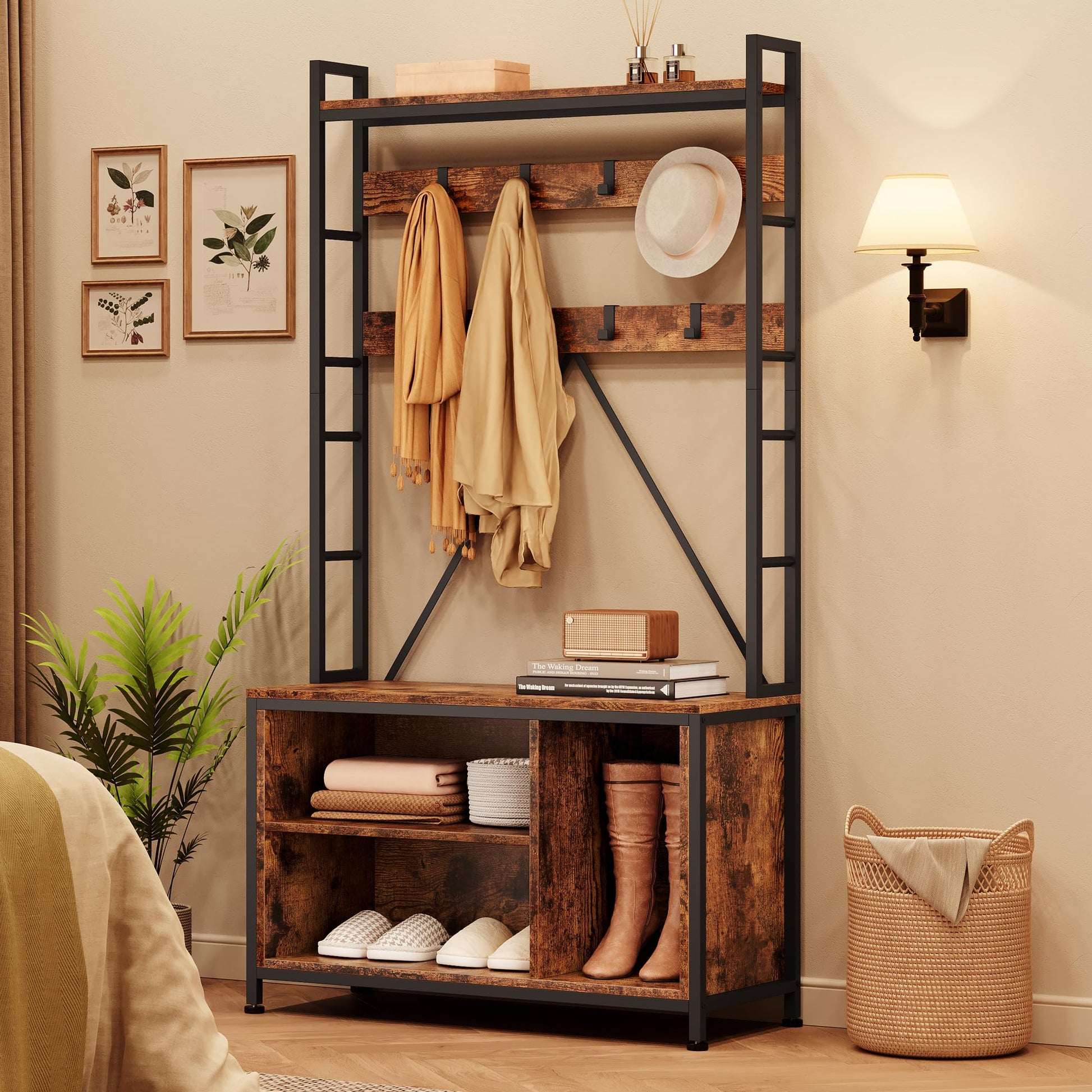 Garvee Hall Tree con panca e guardaroba 5 in 1 Organizer per corridoio e anticamera in legno rustico regolabile