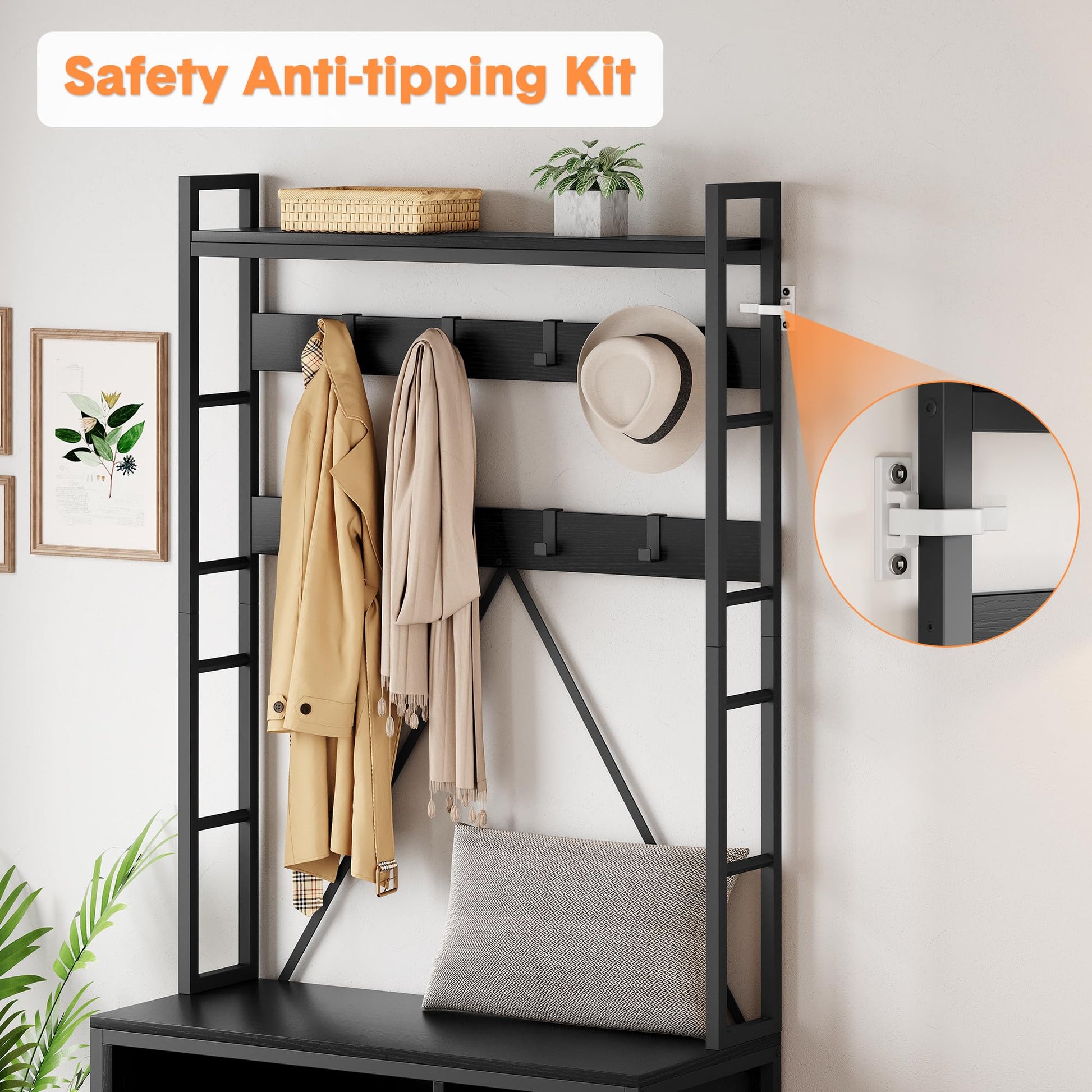 Appendiabiti Garvee con panca e guardaroba, organizer 5 in 1 per corridoio e ingresso, colori legno naturale