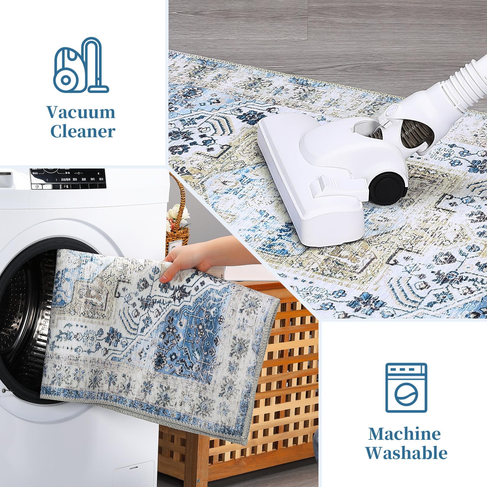 Garvee Machinewasbaar Vintage Vloerkleed Laagpolig Tapijt Blauw 120x170cm Per Slaapkamer Woonkamer Binnen Buiten