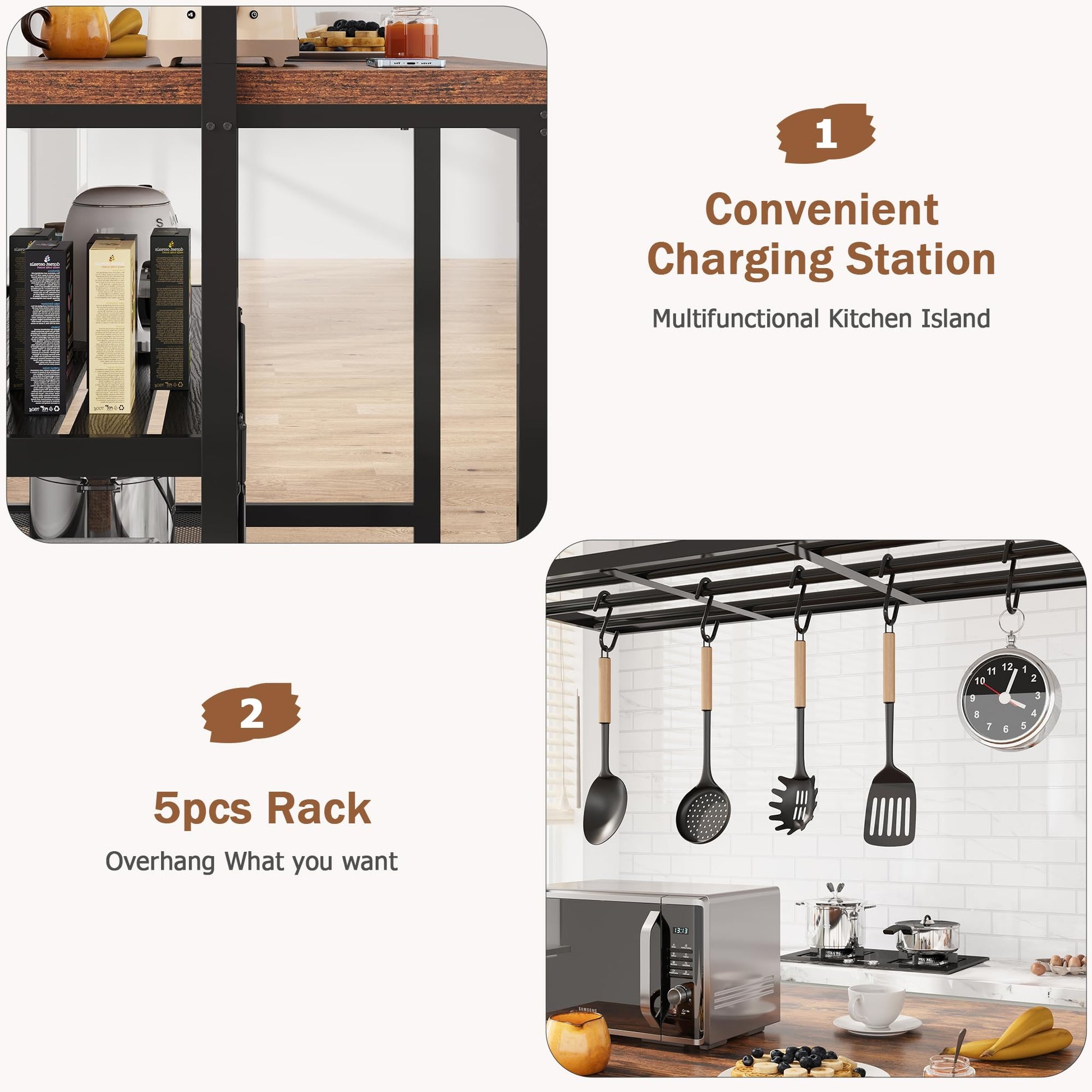 Isola da cucina Garvee con spazio di archiviazione, tavolo da 42", ripiani a 3 livelli, 5 ganci, MDF e metallo per cucina e sala da pranzo, versatile, zona pranzo, grigio