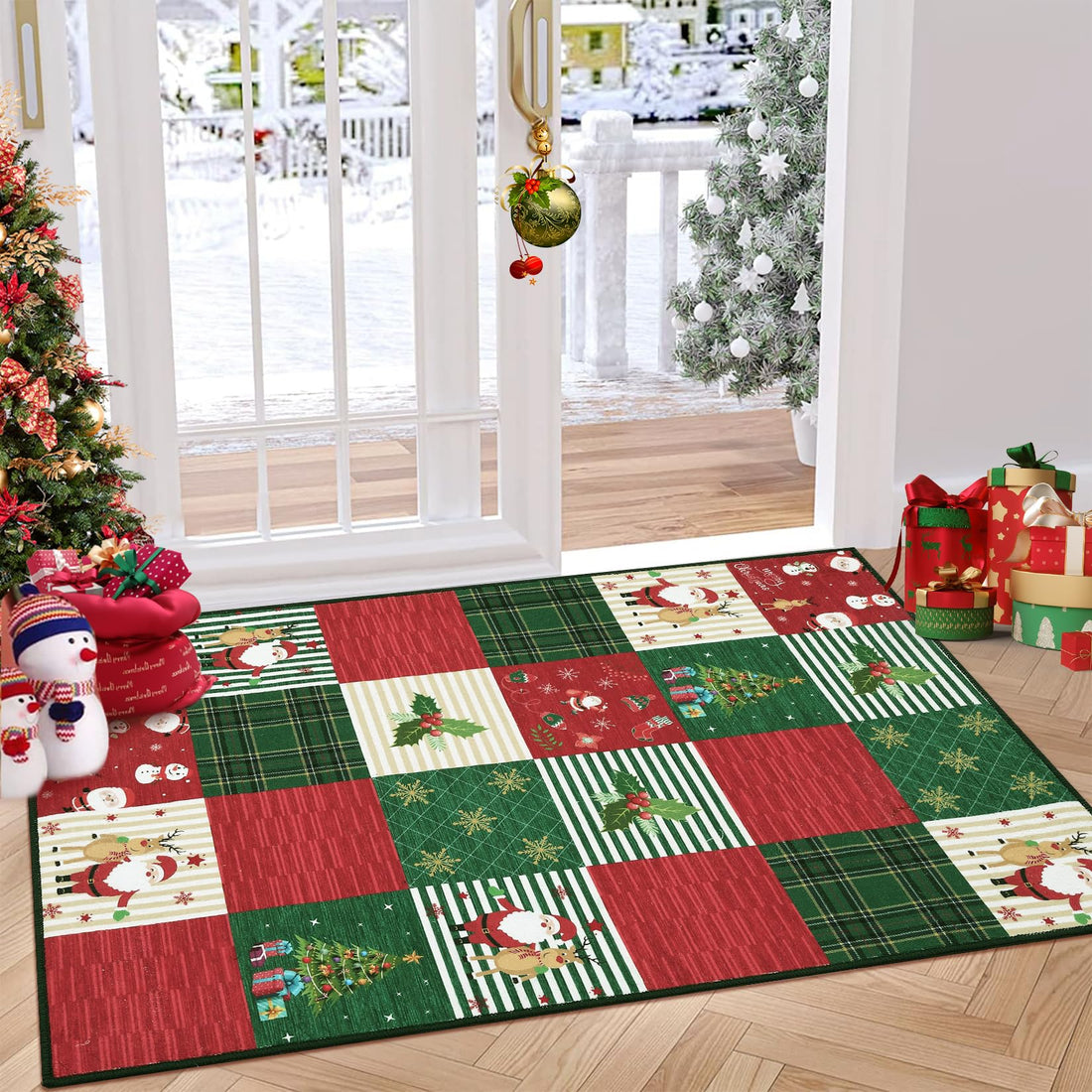 Tappeto lavabile in lavatrice Garvee, motivo: albero di Natale, fiocco di neve, tappeto per soggiorno, rosso verde, 120x170 cm