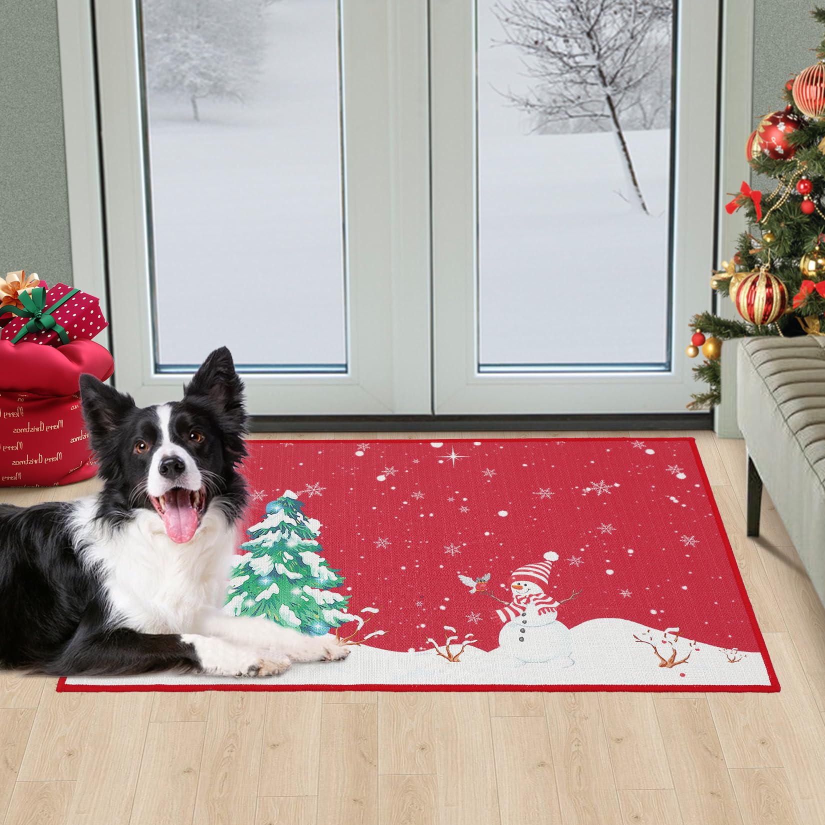Garvee Wasbare Deurmat con Kerstboom & Sneeuwpop, Antiscivolo, Supporto in gomma, Rood, 40x60 cm, Esterno, Decorazione invernale