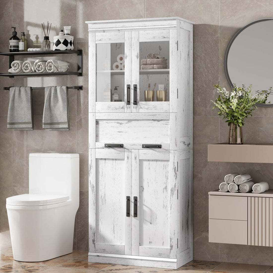 Mobiletto da bagno alto Garvee da 67" con 4 ante e cassetto in vetro per bagno e cucina, bianco anticato, robusto e moderno, ripiani regolabili, MDF