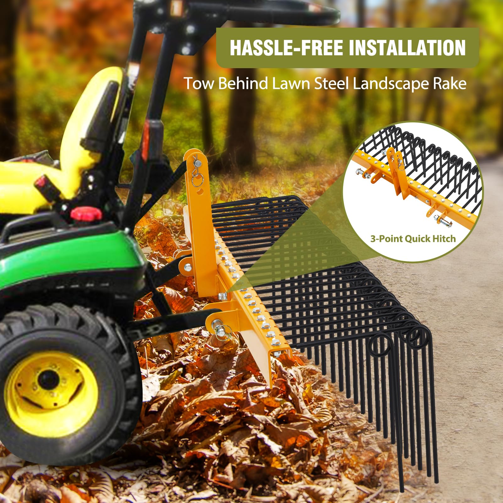 Garvee Rastrello Paesaggistico Heavy Duty 60" con 26 Denti a Molla in Acciaio Verniciato Giallo, Attacco a 3 Punti, Pulizia Giardini e Prati, Universale