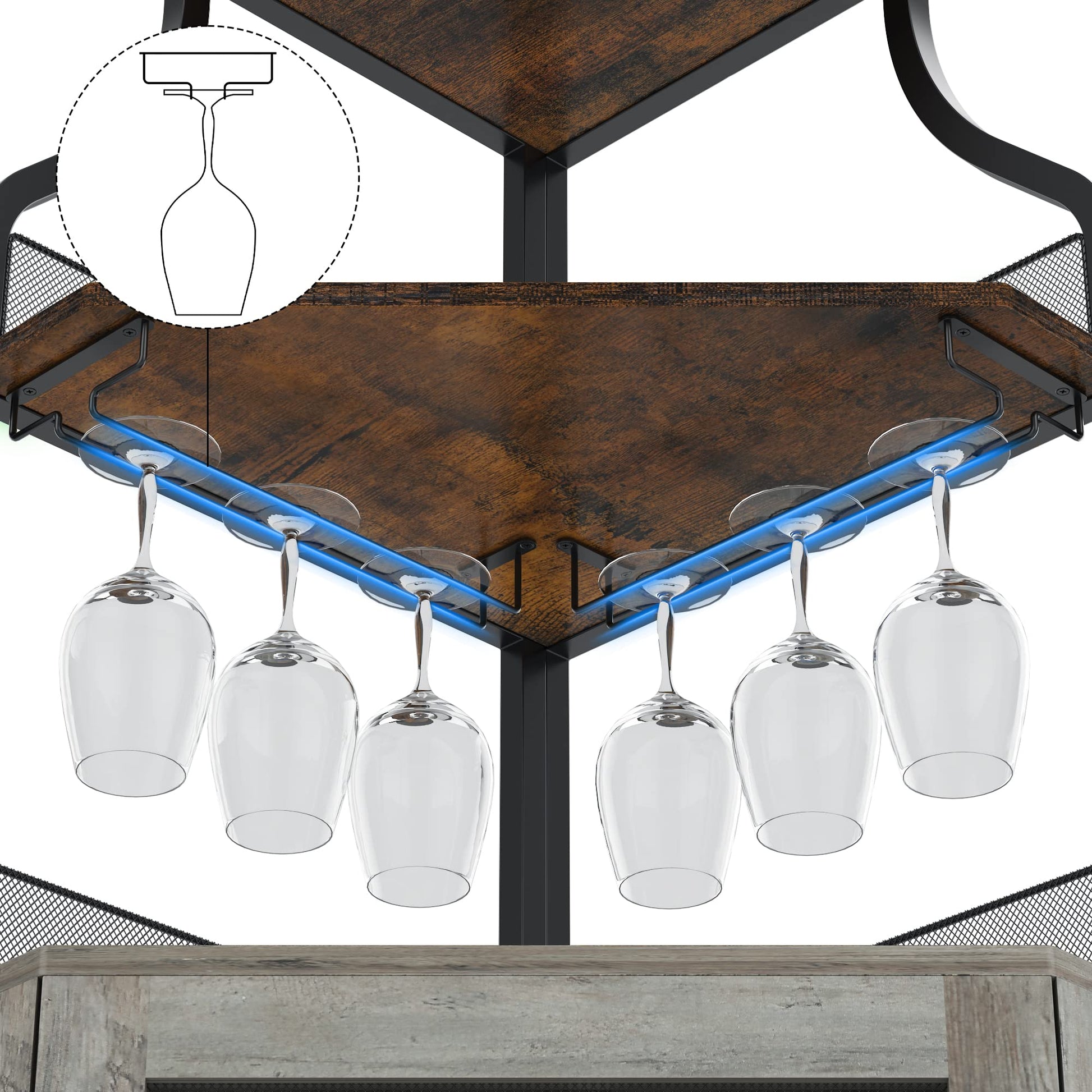 Mobile bar angolare Garvee per liquori con ripiani regolabili, 61 pollici, struttura in metallo, porta in rete, MDF, piedini antiscivolo, antiribaltamento, cucina e soggiorno