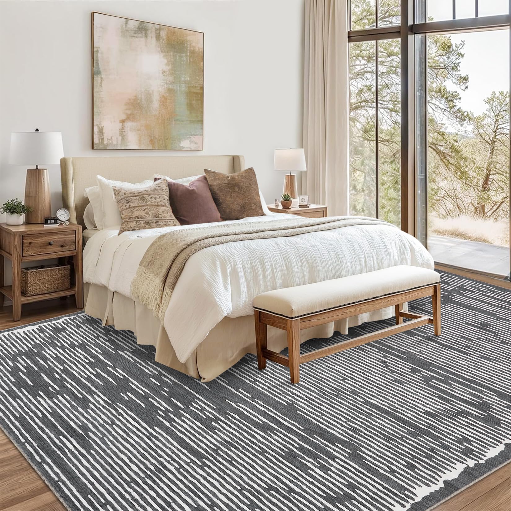 Tappeto a pelo corto Garvee 160x230cm nero per soggiorno camera da letto, soffice e morbido, antiscivolo, motivo a linee minimaliste