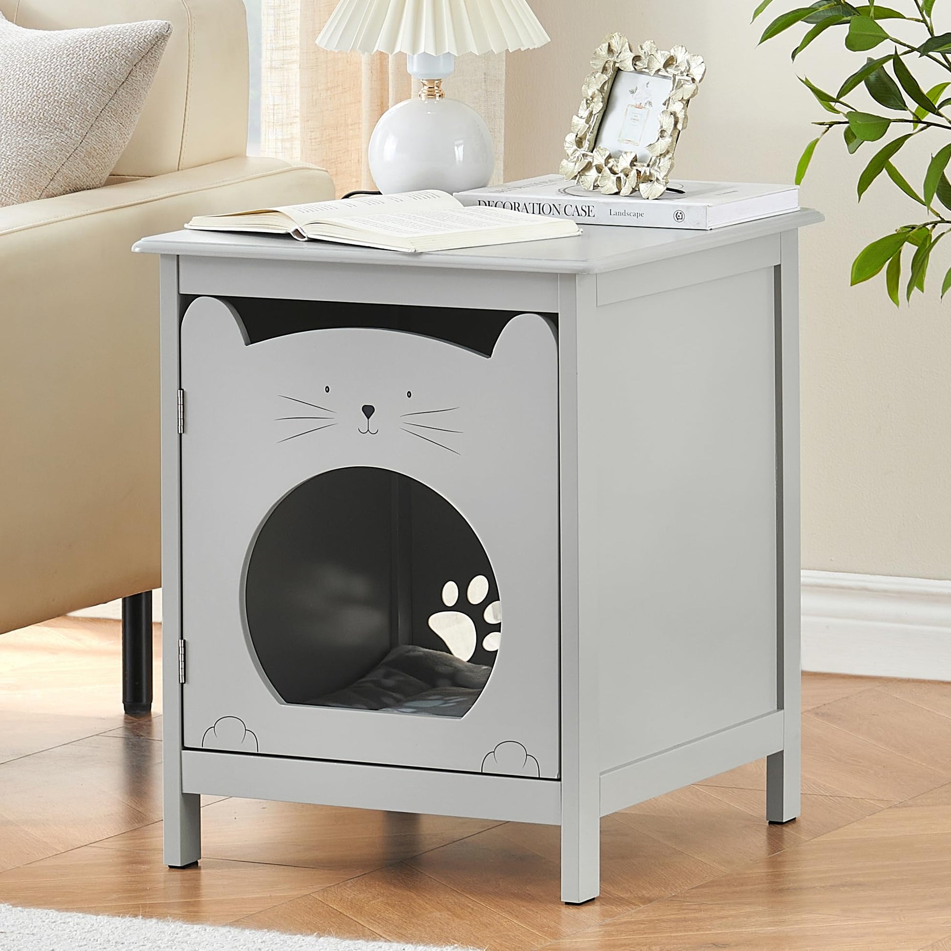 Garvee - Lettiera per gatti con porta e tavolino laterale per la ventilazione, per soggiorno, 18,7 x 20 x 23,8 cm, grigio