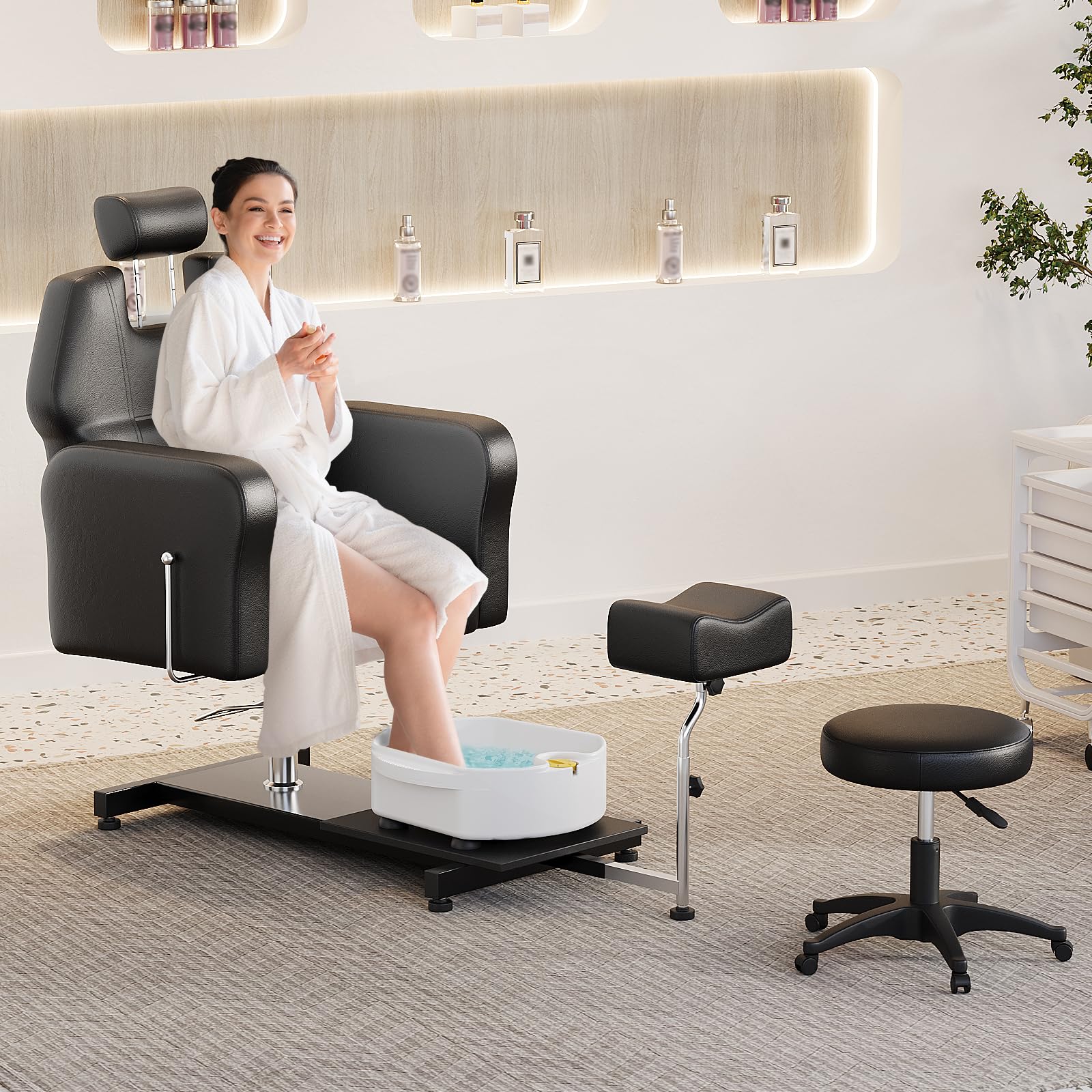 Poltrona pedicure reclinabile Garvee con vasca massaggiante per i piedi, altezza regolabile, girevole a 360°, pelle, poggiapiedi regolabile, nero, salone di bellezza