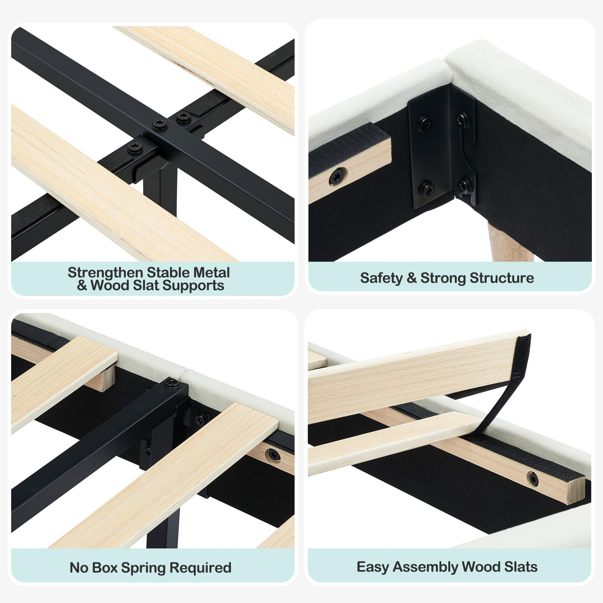 Struttura per letto singolo Garvee con rivestimento in velluto e testiera a libreria per cameretta dei bambini, bianco crema, gambe in acciaio robuste, silenzioso, facile da montare