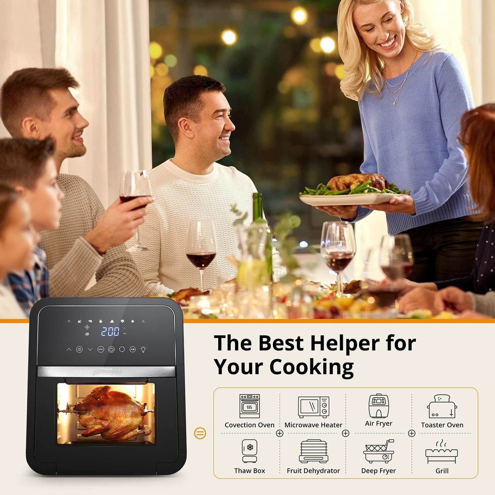 Friggitrice ad aria Garvee da 12 litri e 2000 W con finestra di visualizzazione per la cucina, tappetino da forno in silicone, risparmio energetico, bassa rumorosità, nera