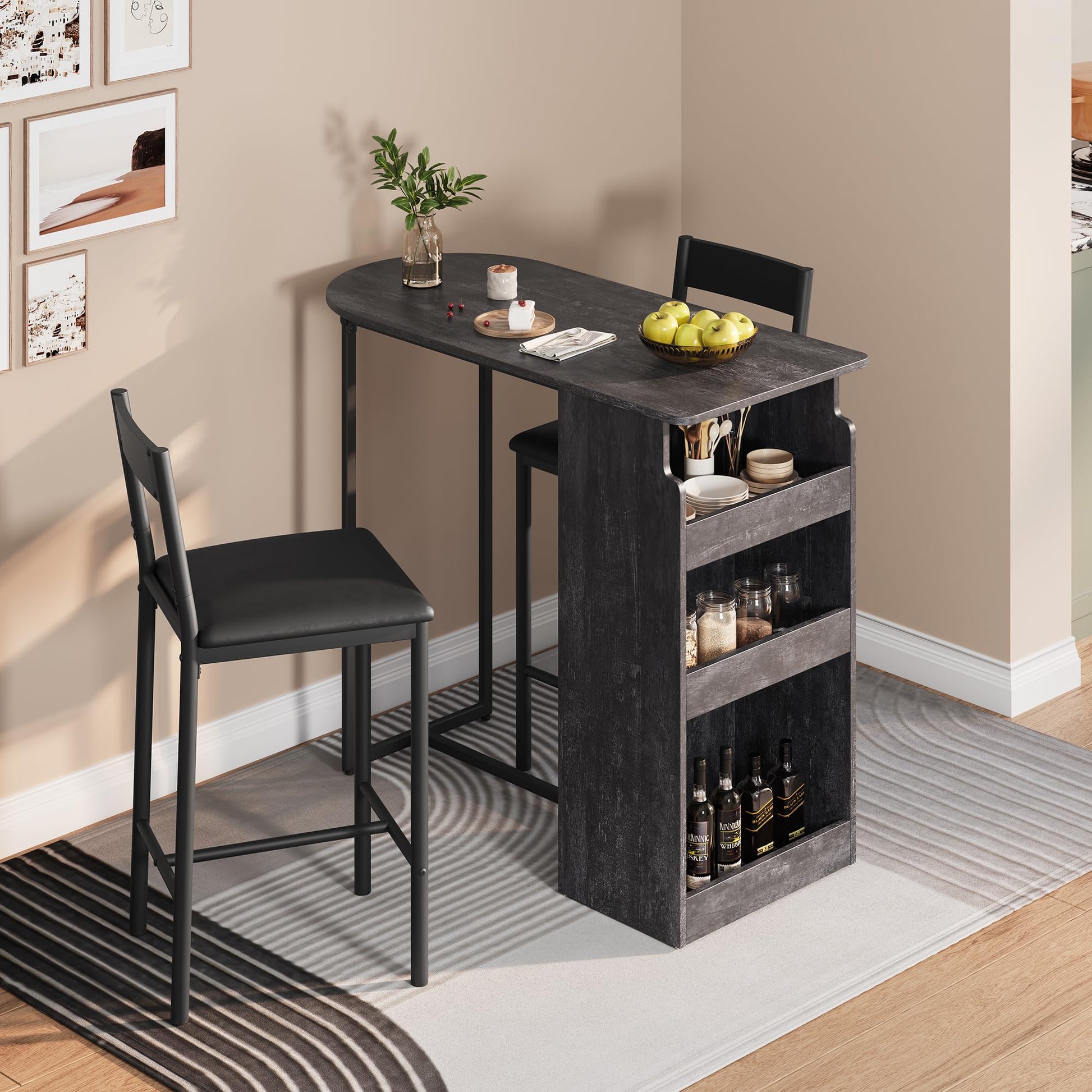 Set tavolo e sedie da bar Garvee con piano semicircolare in stile retrò, 3 ripiani, sgabelli rivestiti in pelle per cucina e ufficio, moderno, salvaspazio