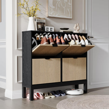 Scarpiera Garvee con 4 scomparti a ribalta, design scanalato in stile rustico, gambe in metallo, stretta, per corridoio e ingresso, nera