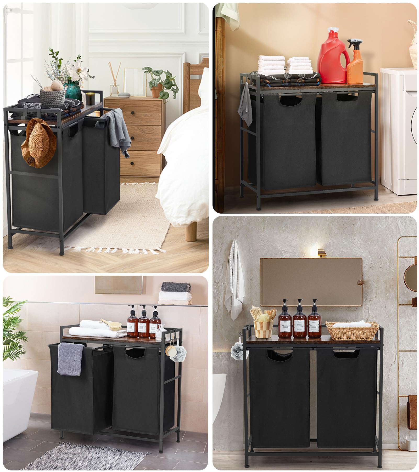 Garvee Cesto portabiancheria con 2 scomparti, sacchetti rimovibili, struttura in metallo, per bagno e camera da letto, 73x30x74 cm, nero