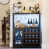 Mobile bar per vino Garvee con luce LED, ripiani regolabili, porta a rete, MDF e metallo, 36 pollici, cucina e sala da pranzo, base stabile, nero