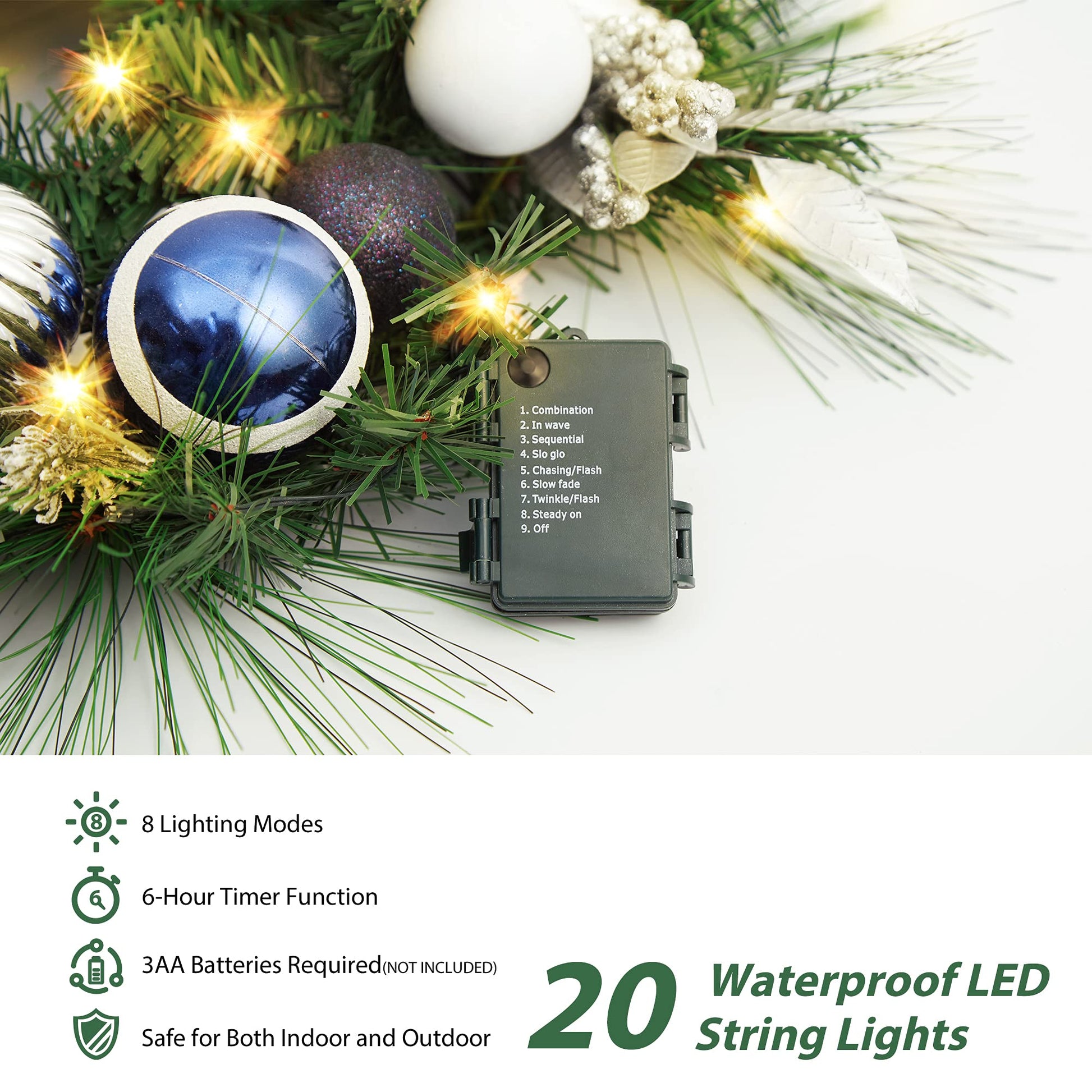 Ghirlanda natalizia Garvee blu da 24 pollici con luci a LED, palline infrangibili, timer per uso interno ed esterno, decorazione festiva, blu e argento