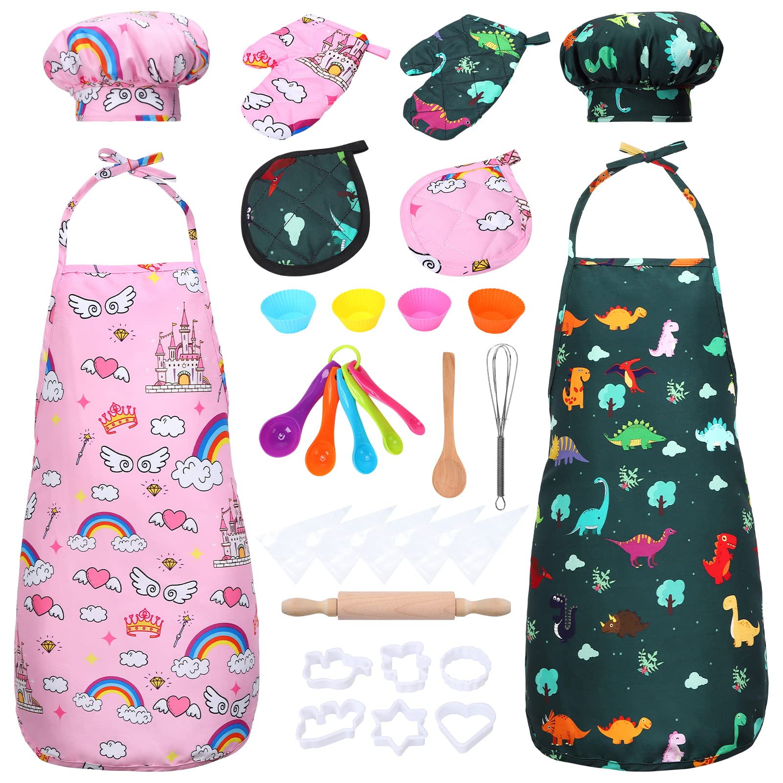 Garvee Set 2 Pezzi Costume Cucina Bambini, Schürze e Mütze in Pfirsichfleece, Rosa e Verde, Gioco di Ruolo, Regalo Perfetto