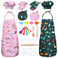 Garvee Set 2 Pezzi Costume Cucina Bambini, Schürze e Mütze in Pfirsichfleece, Rosa e Verde, Gioco di Ruolo, Regalo Perfetto