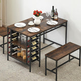 Tavolo da pranzo Garvee per 4 persone con portabottiglie e contenitore, robusto metallo e legno, salvaspazio, rettangolare, ideale per stanze piccole - Marrone