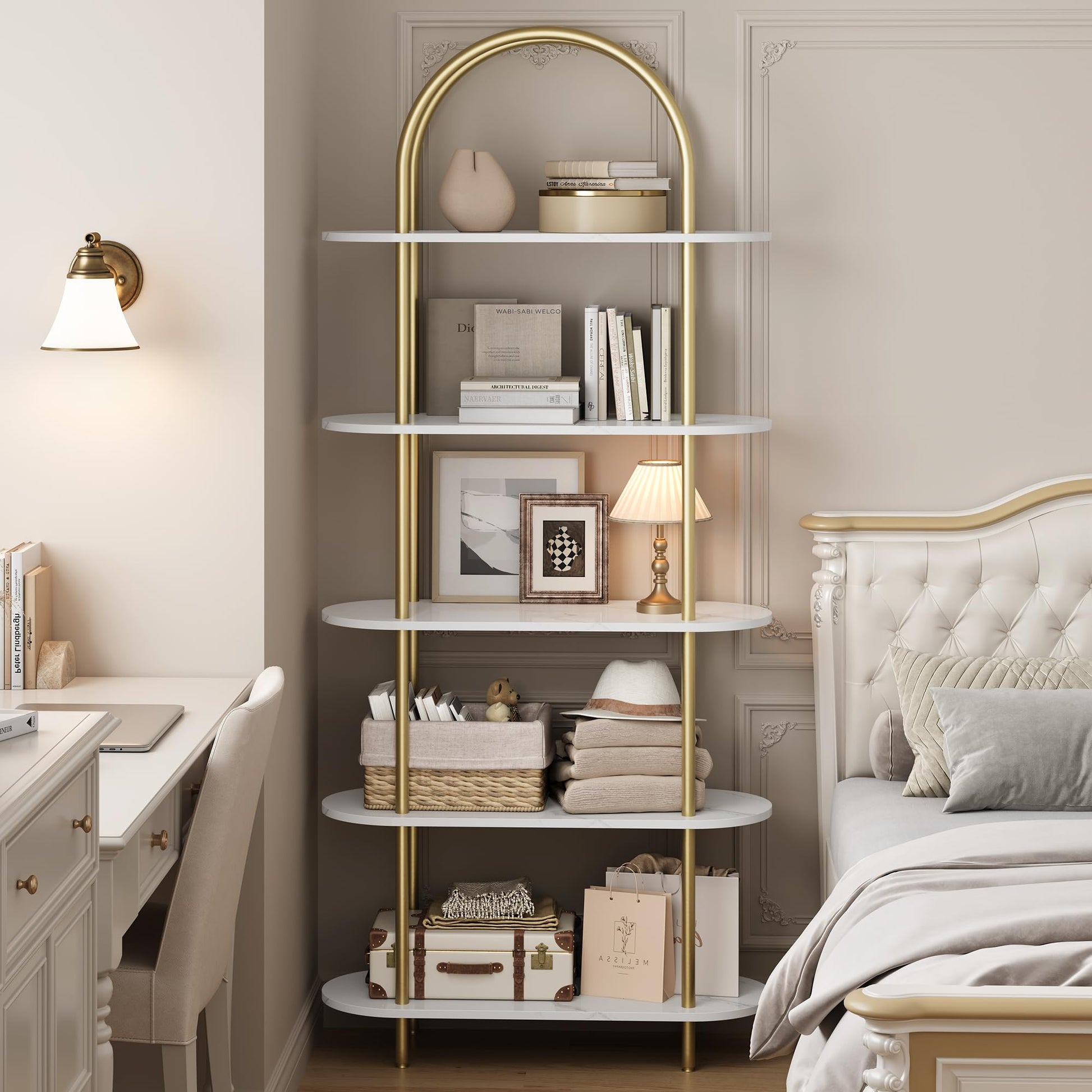 Scaffale ad arco Garvee da 71" con struttura in metallo a 5 ripiani, colore bianco marmo dorato, per soggiorno, ufficio, camera da letto, robusto e sicuro.