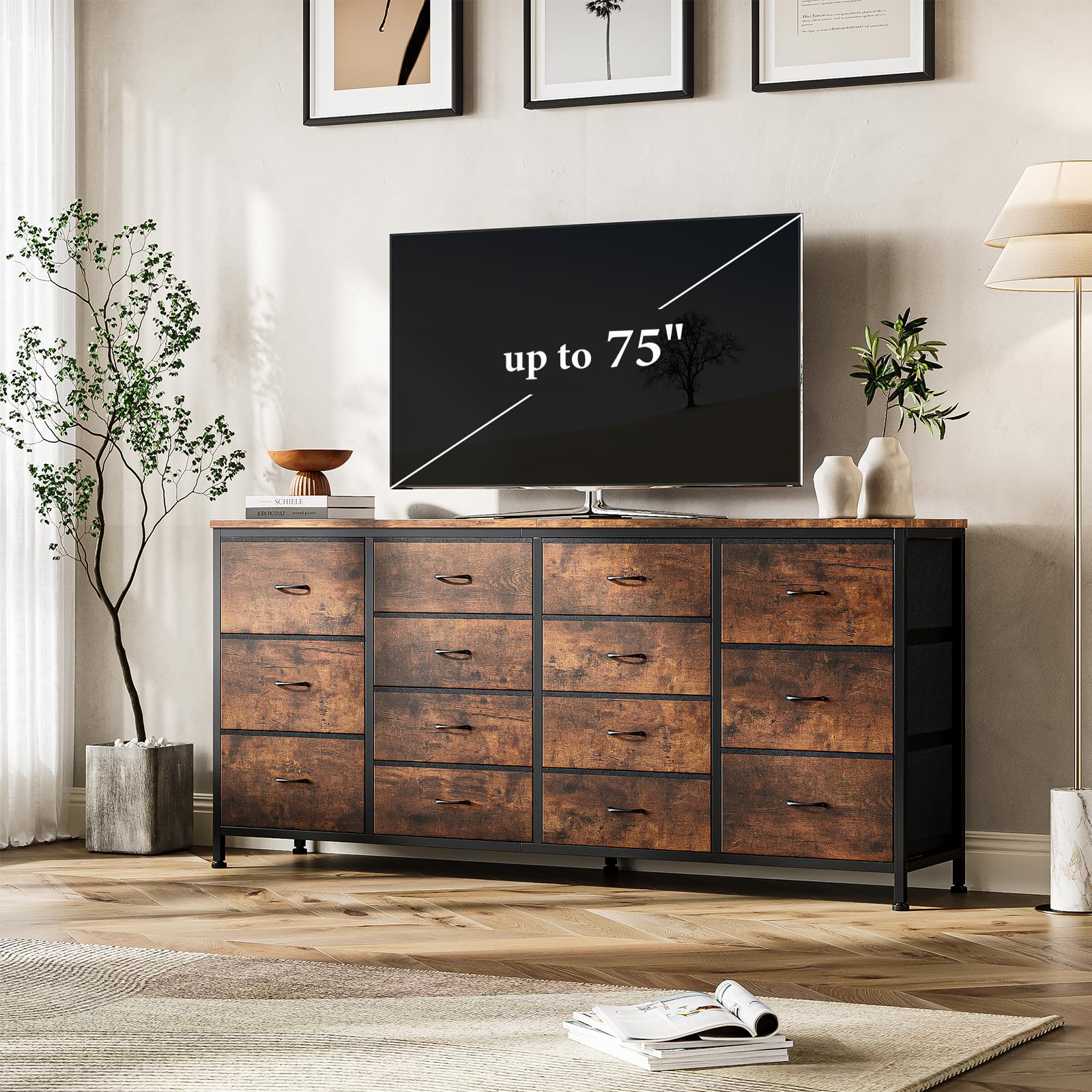 Mobile TV Garvee da 63" per TV da 65-75", 14 cassetti, tessile e legno, camera da letto e soggiorno, protezione antiribaltamento, alimentazione elettrica