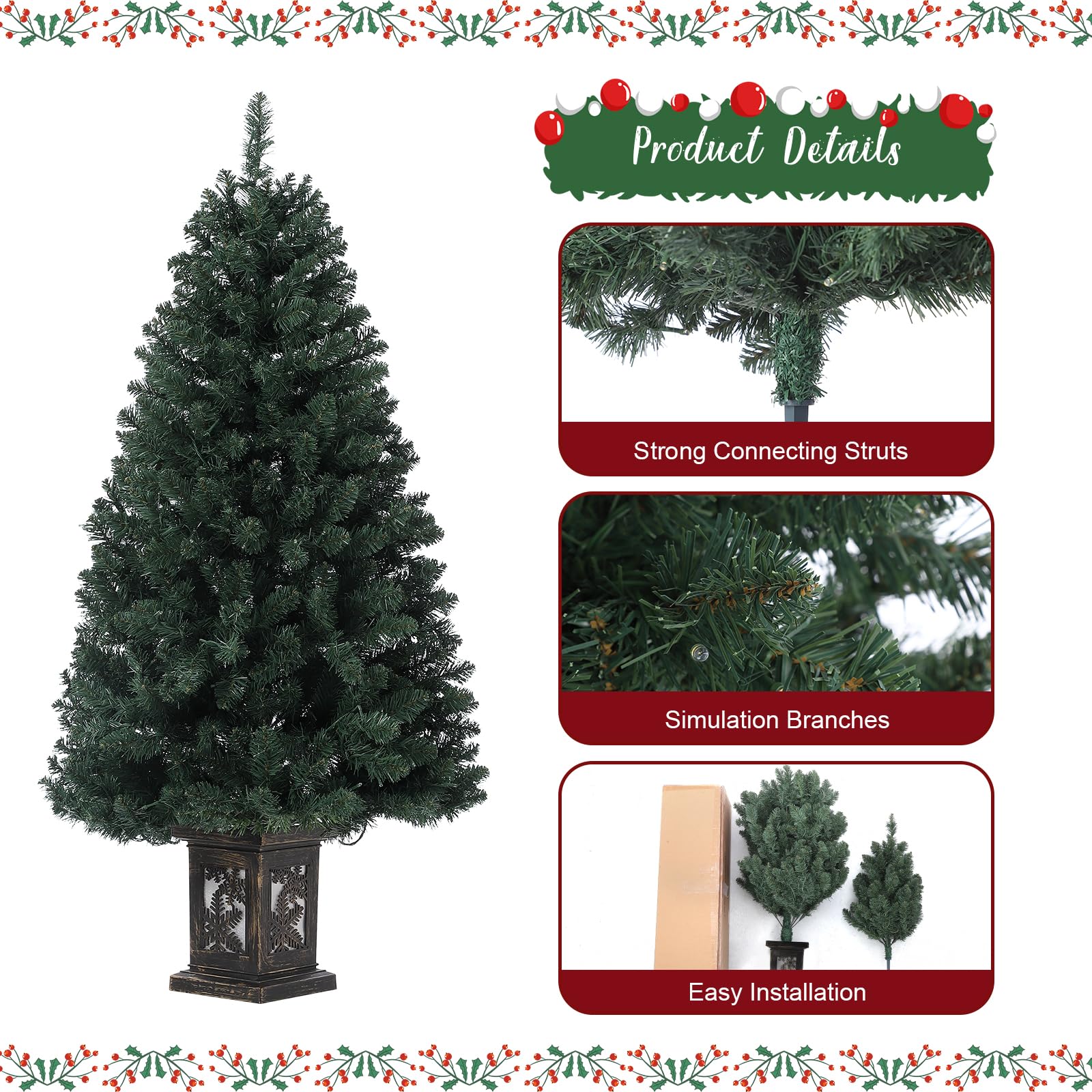 Albero di Natale vintage Garvee da 145 cm con struttura in metallo, 300 LED, 8 modalità, spina UE e design con scatola luminosa a forma di fiocco di neve