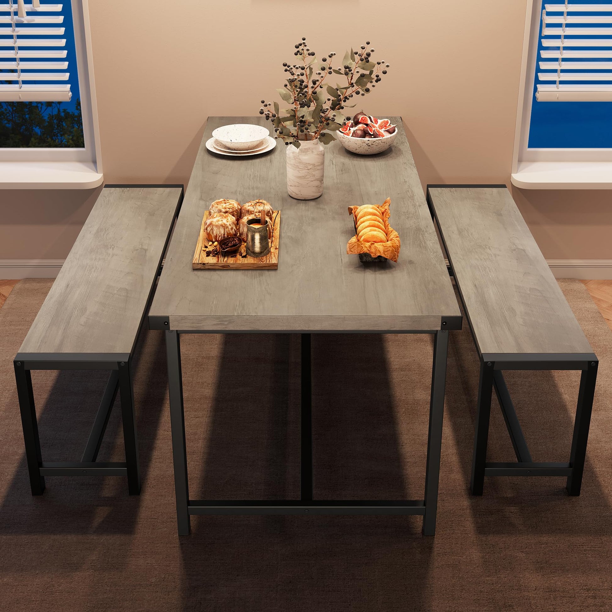 Set da pranzo Garvee per 4 persone con 2 panche, robusto MDF e acciaio, grigio, cucina e sala da pranzo, salvaspazio