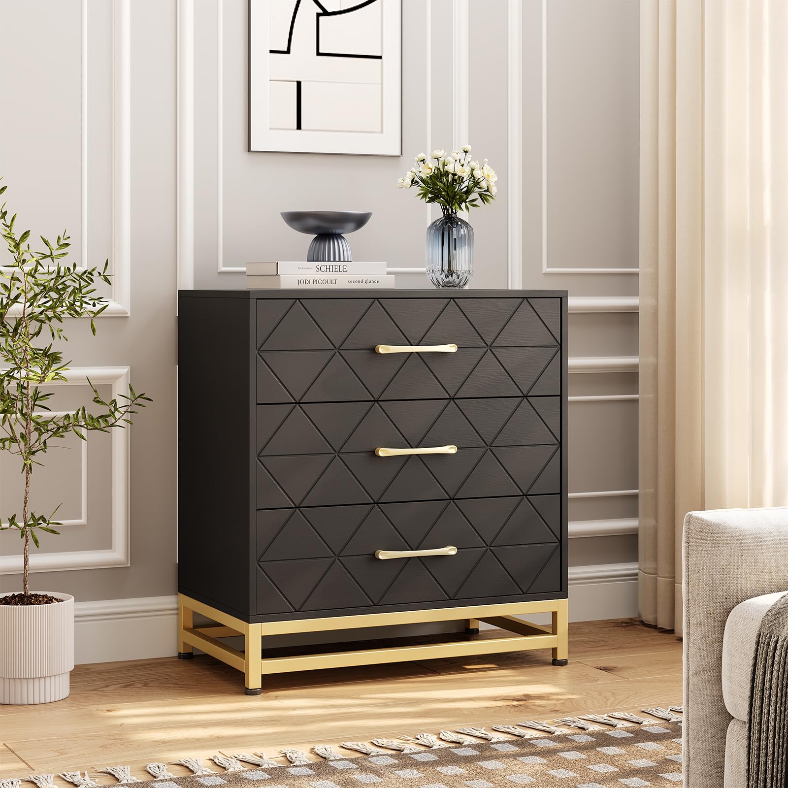Cassettiera in legno Garvee per camera da letto, 3 cassetti, MDF, nero, moderna, robusta, salvaspazio, soggiorno, corridoio