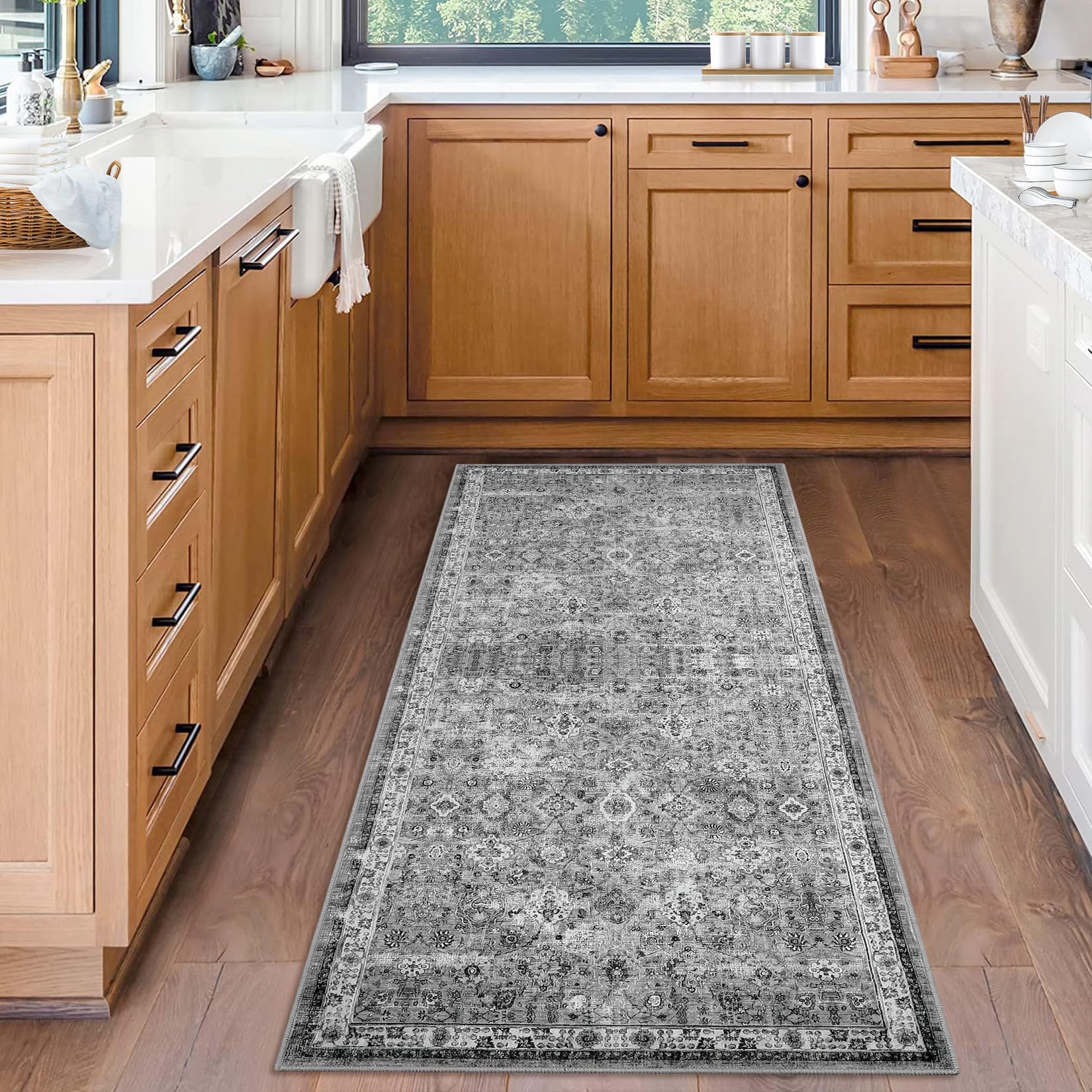 Tappeto antiscivolo a pelo corto Garvee Boho per cucina, corridoio, camera da letto, soggiorno, 80x150 cm, grigio vintage