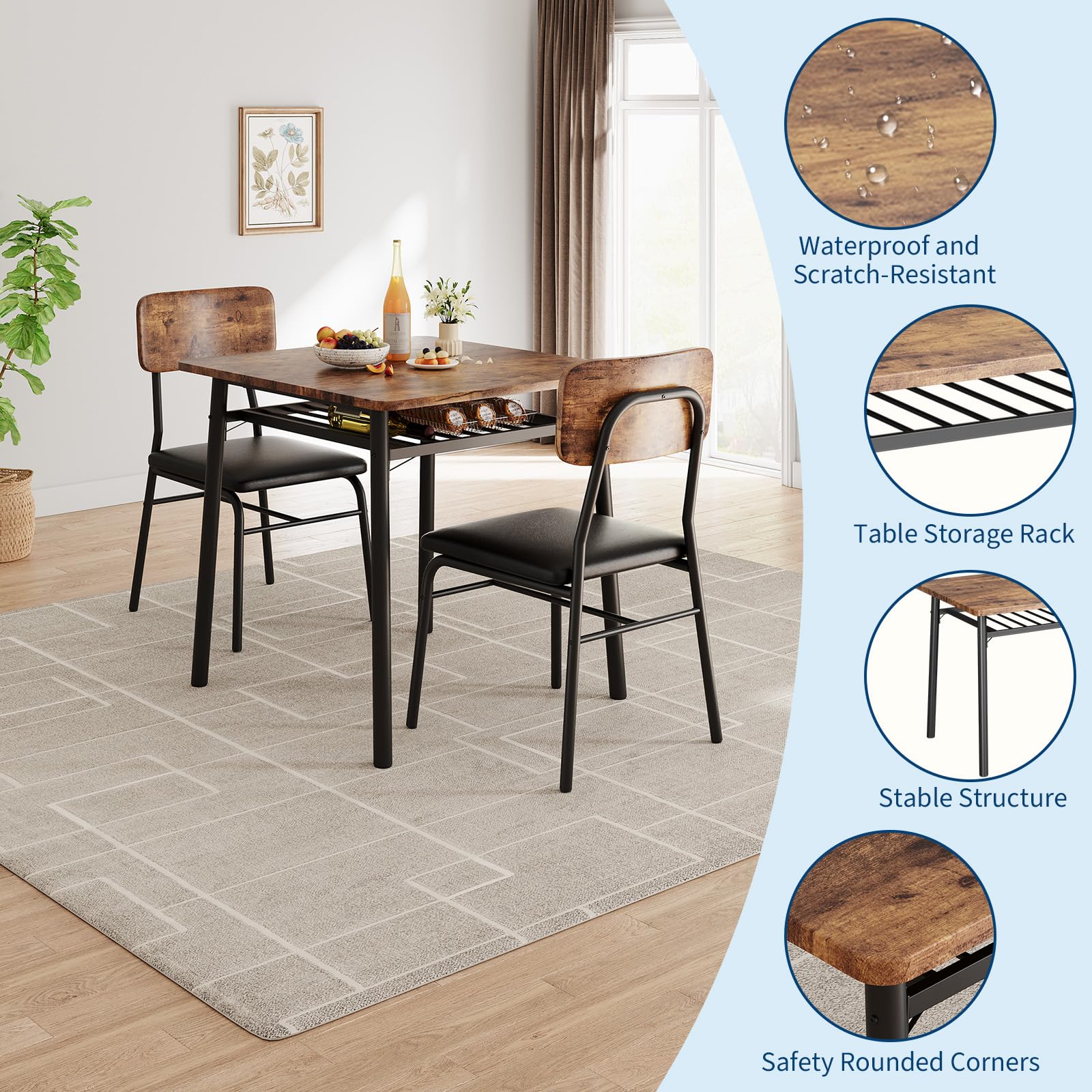 Tavolo da pranzo Garvee per 2 persone con contenitore, struttura in metallo, sedie imbottite, piano in legno MDF, salvaspazio, marrone, cucine piccole