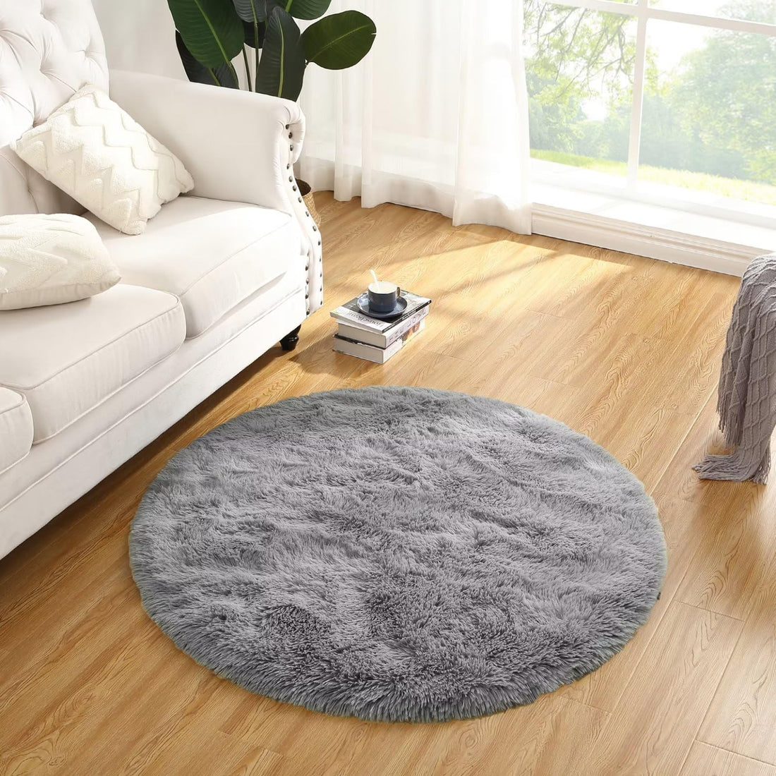 Tappeto rotondo Garvee Fluffy da 2'7,5" per la cameretta dei bambini, morbido pelo lungo da 1,5" in velluto antiscivolo grigio