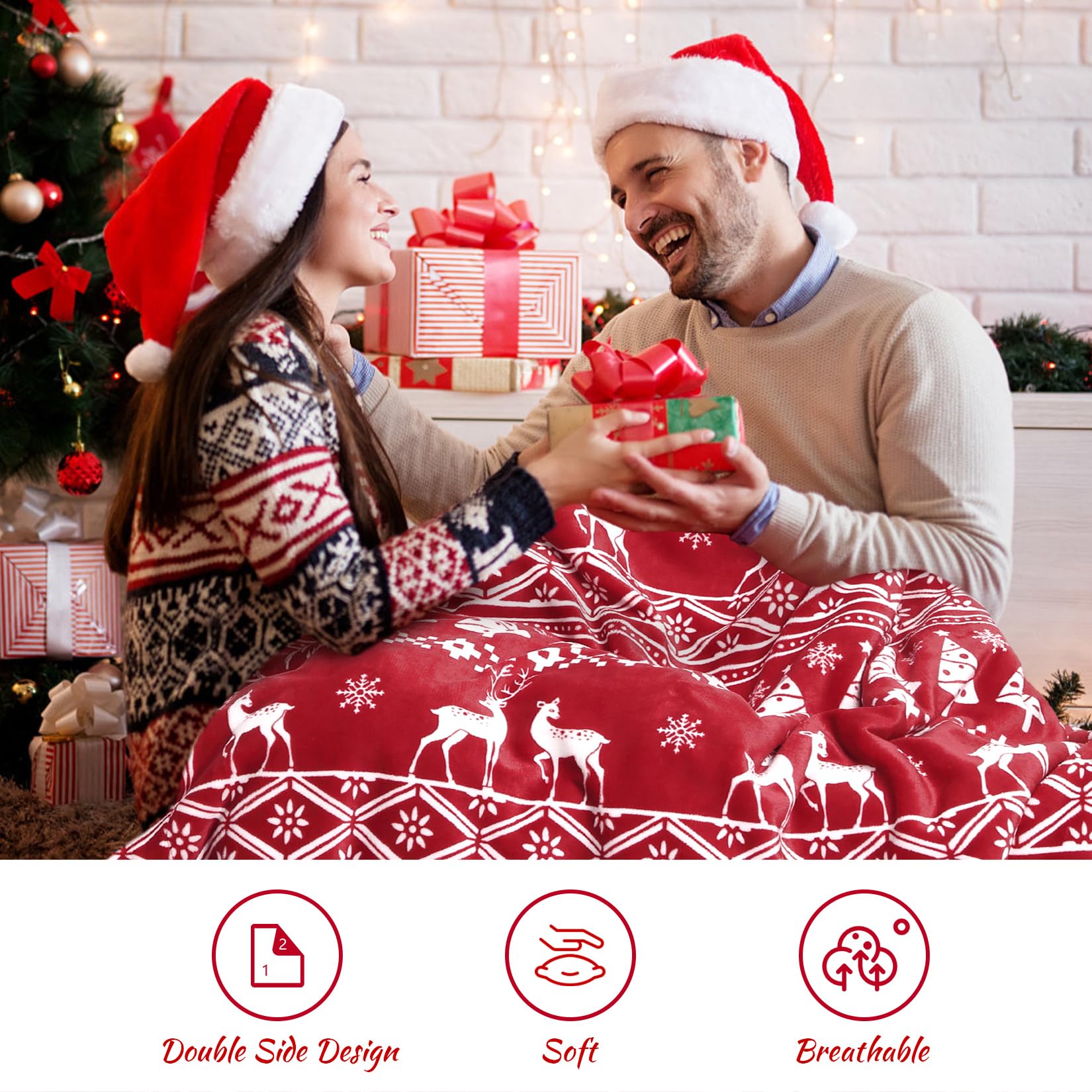 Coperta natalizia Garvee in flanella Sherpa 50x60 rossa - Calda, reversibile, morbida, resistente - Perfetta per divano e campeggio