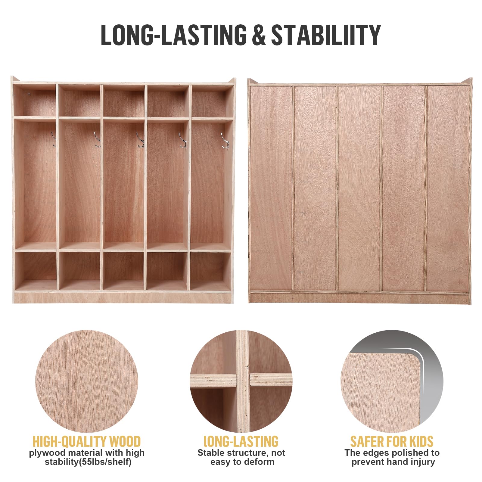 Armadio guardaroba Garvee a 5 sezioni con 10 scomparti, kit antiribaltamento, 4 ruote, 5 ganci, compensato per scuola e asilo, 54x13x48 pollici, legno naturale