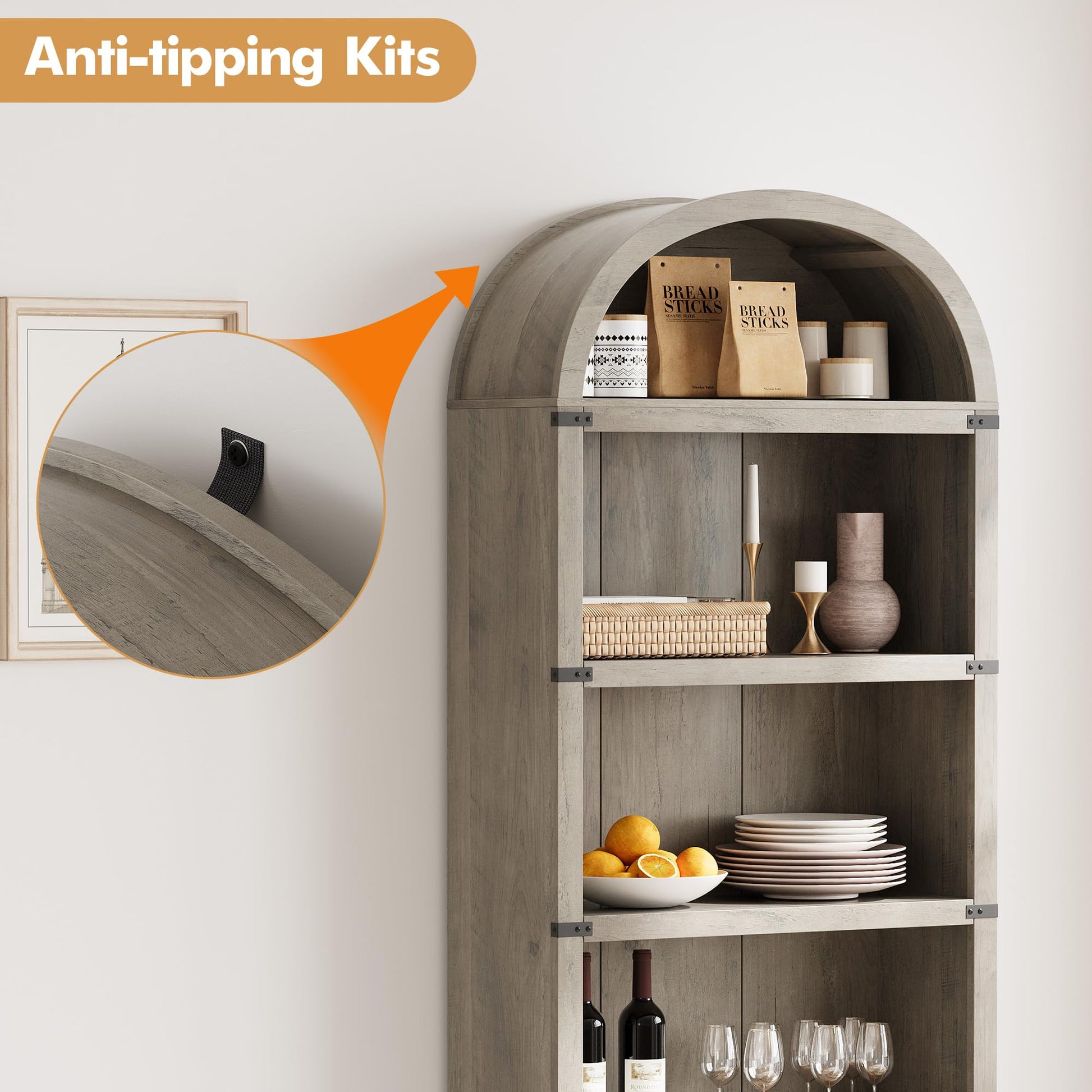 Libreria Garvee con 5 ripiani, stile fattoria ad arco, in legno con protezioni angolari in metallo per soggiorno e ufficio, 71,65" x 29,92" x 11,88" in legno naturale