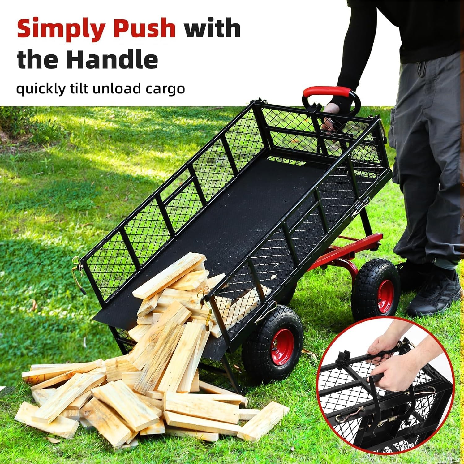 Carrello da Giardino Garvee 398 kg con Pneumatici 25.4 cm Tutti Terreni - Robusto Acciaio 88.9x50.8 cm, 4 Lati Staccabili, Giardino e Cortile