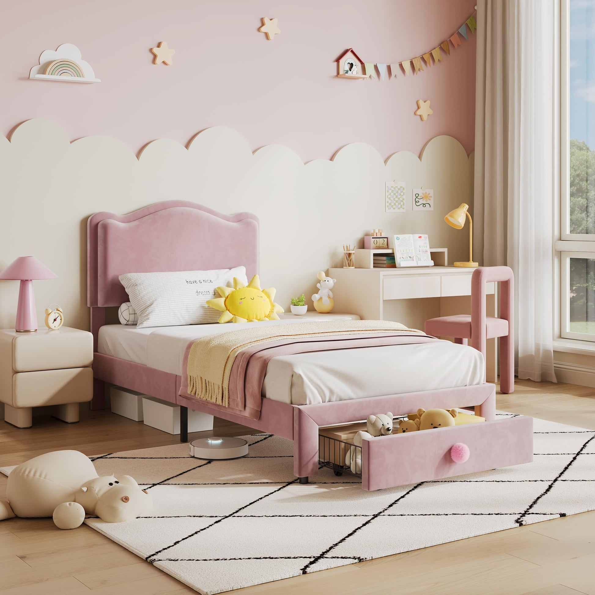 Struttura per letto singolo imbottita Garvee con contenitore e testiera a conchiglia per cameretta dei bambini, rosa, cassetto 25,6" x 16,9", spazio sottoletto 6,3"